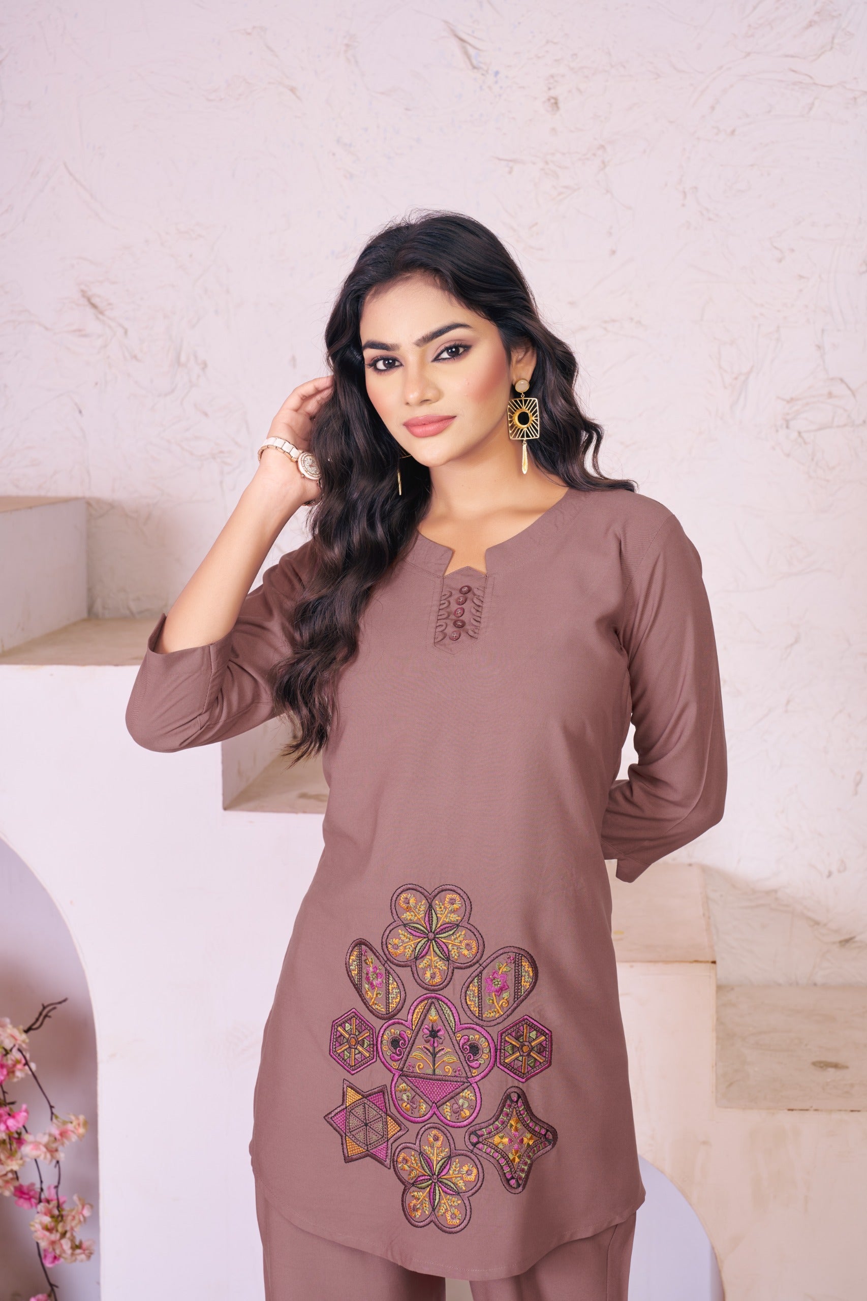 Heavy Rayon Brown Embroidered Co-Ord Set for Women