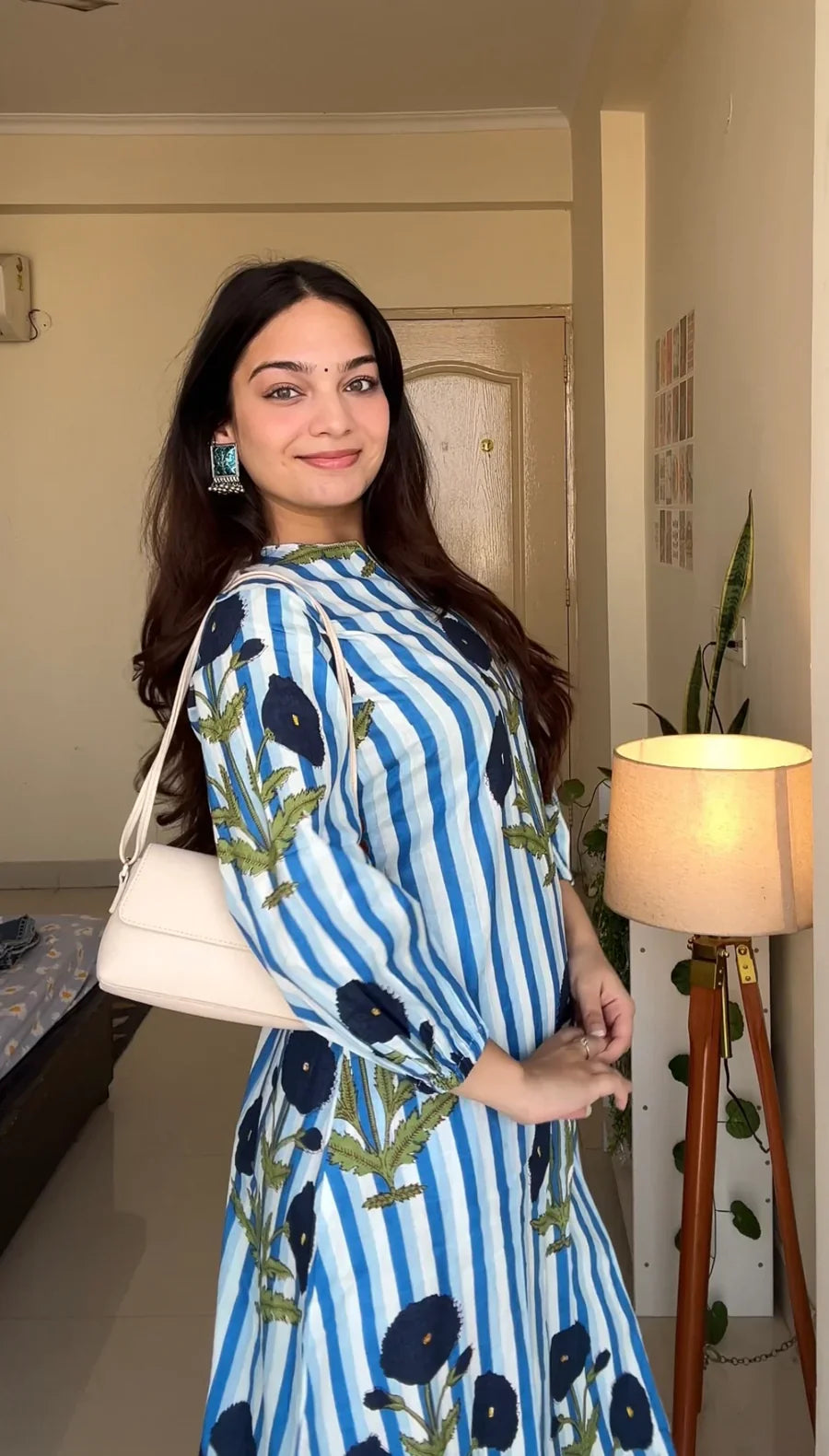 Blue & White Striped Floral Printed Cotton Kurta Set for Women