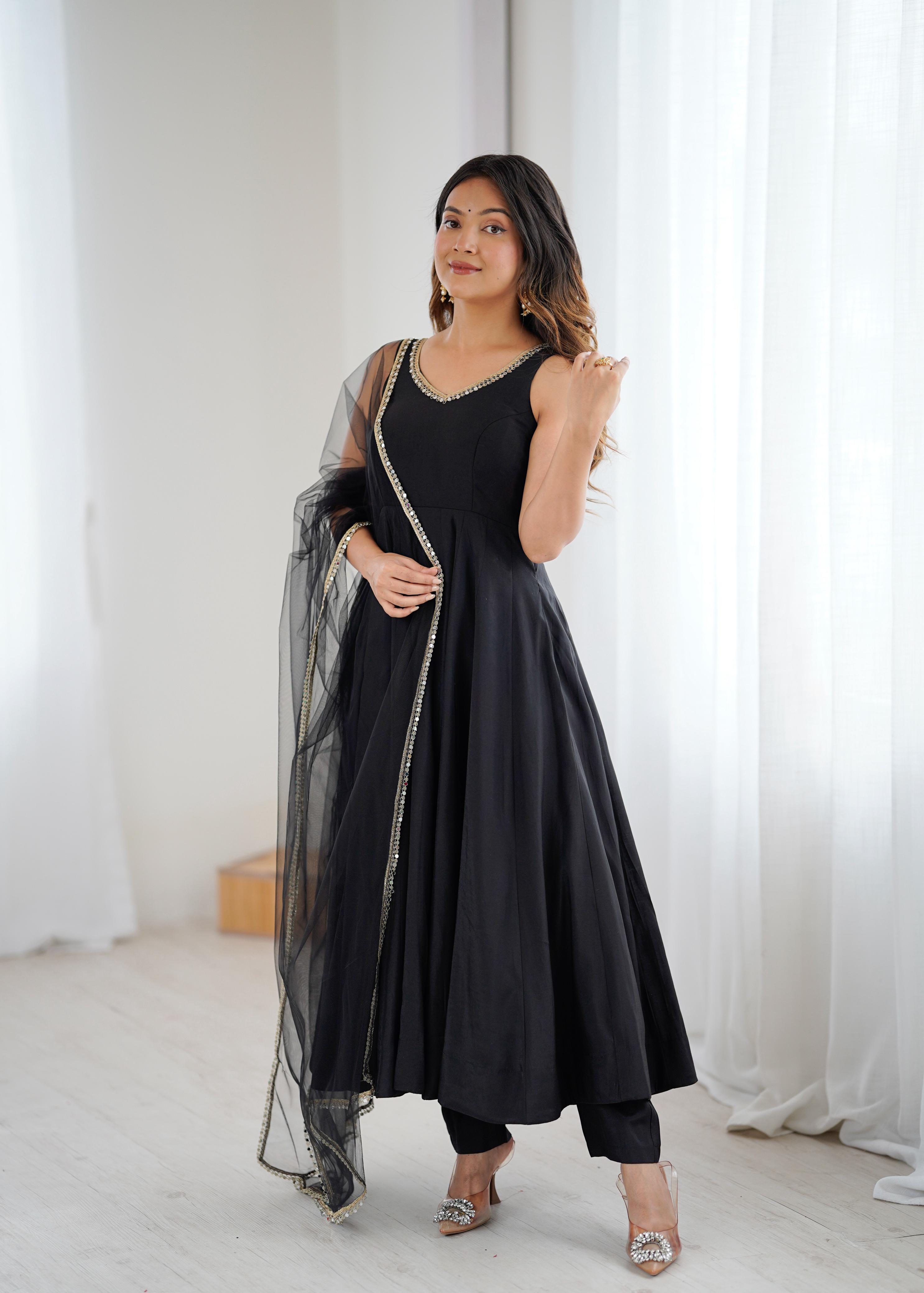 Black Color Roman Silk Chanderi Anarkali Gown Set - Aarti Chauhan