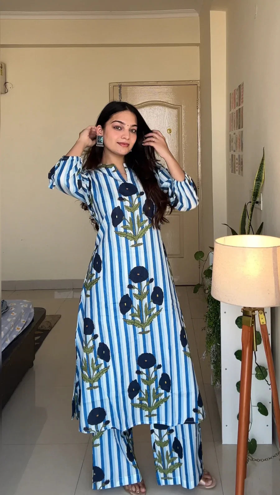 Blue & White Striped Floral Printed Cotton Kurta Set for Women