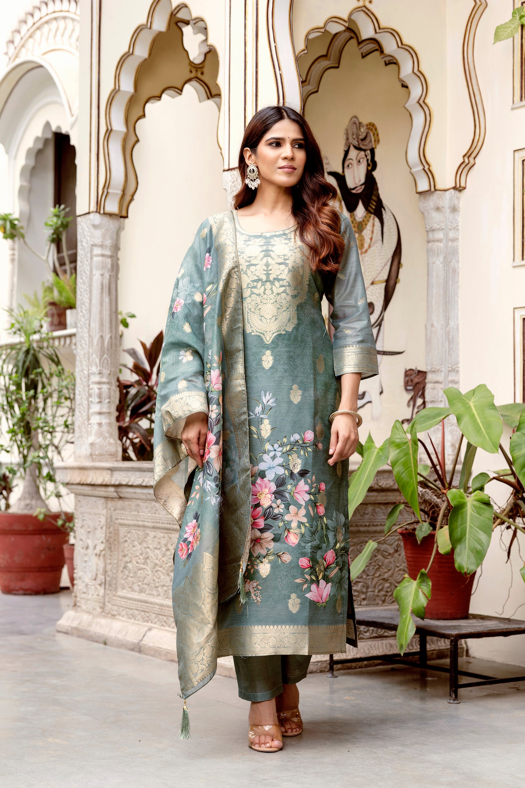 Women’s Chanderi Cotton Printed Suit Set with Viscose Gadhwal Bottom & Dupatta