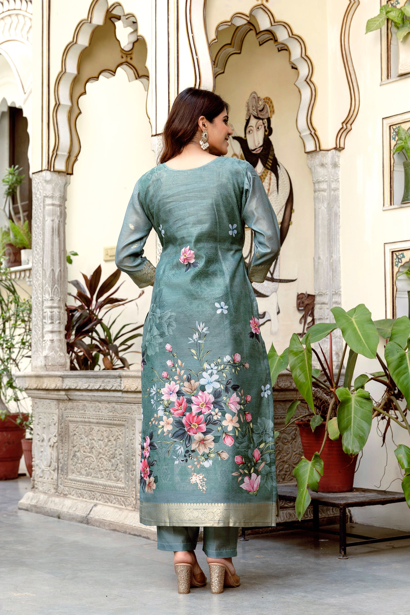 Women’s Chanderi Cotton Printed Suit Set with Viscose Gadhwal Bottom & Dupatta