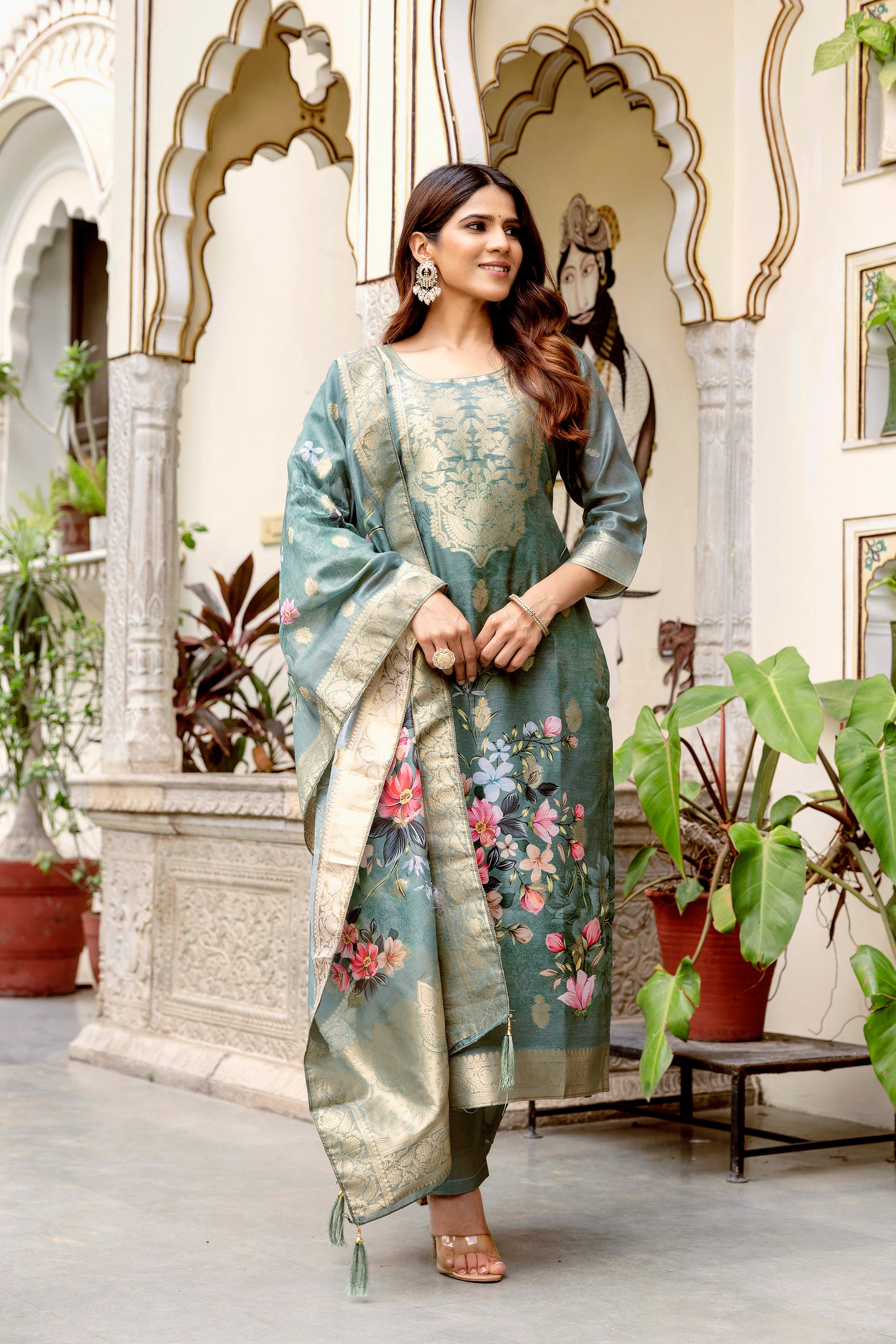 Women’s Chanderi Cotton Printed Suit Set with Viscose Gadhwal Bottom & Dupatta
