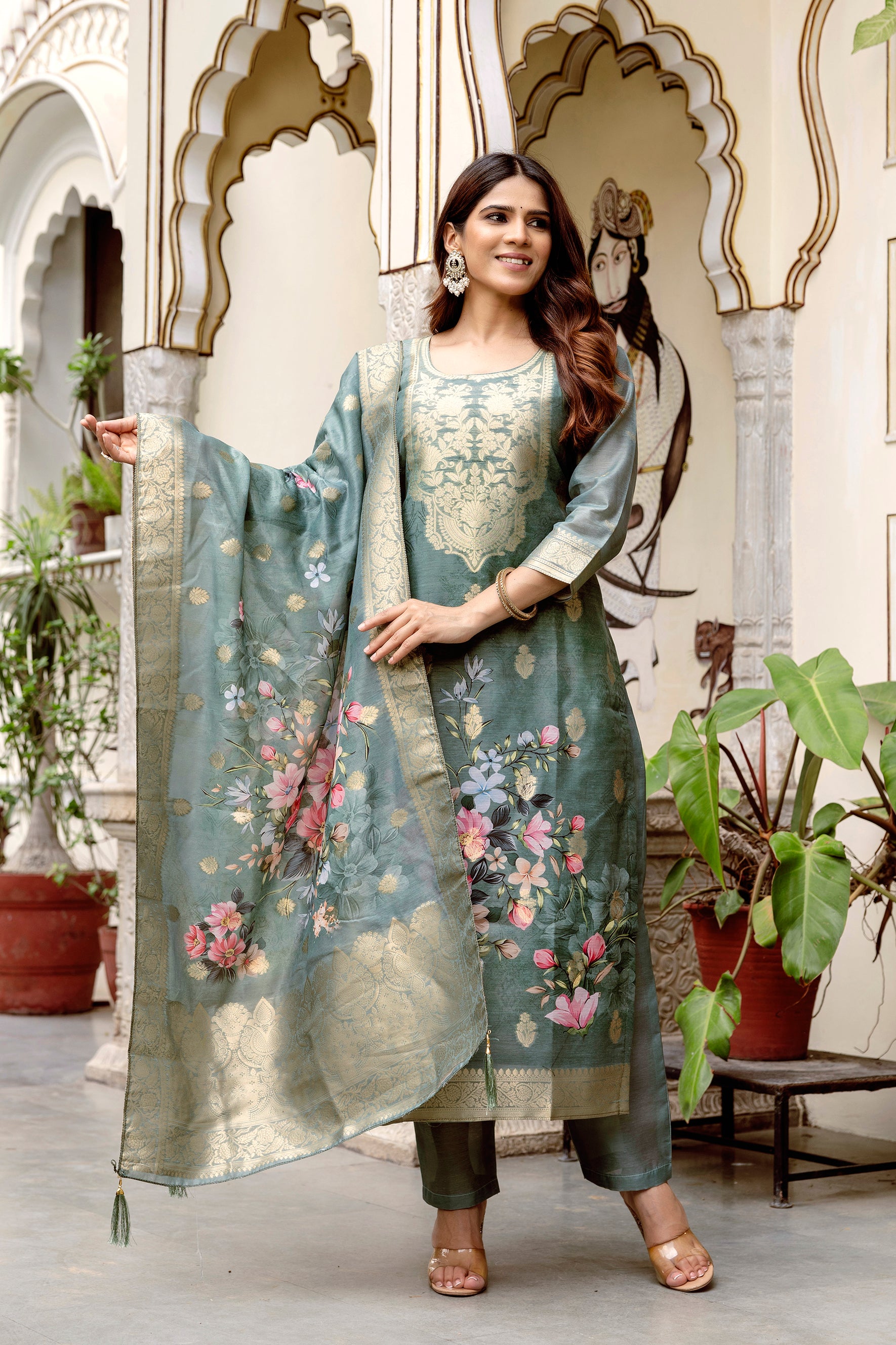 Women’s Chanderi Cotton Printed Suit Set with Viscose Gadhwal Bottom & Dupatta