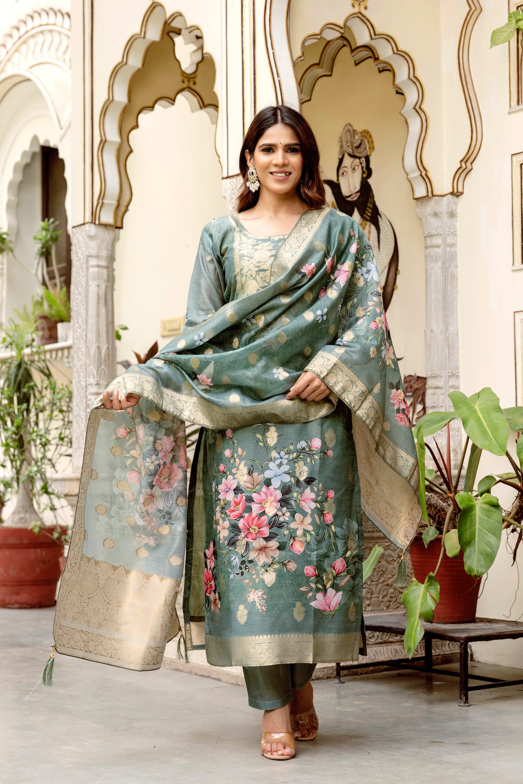 Women’s Chanderi Cotton Printed Suit Set with Viscose Gadhwal Bottom & Dupatta