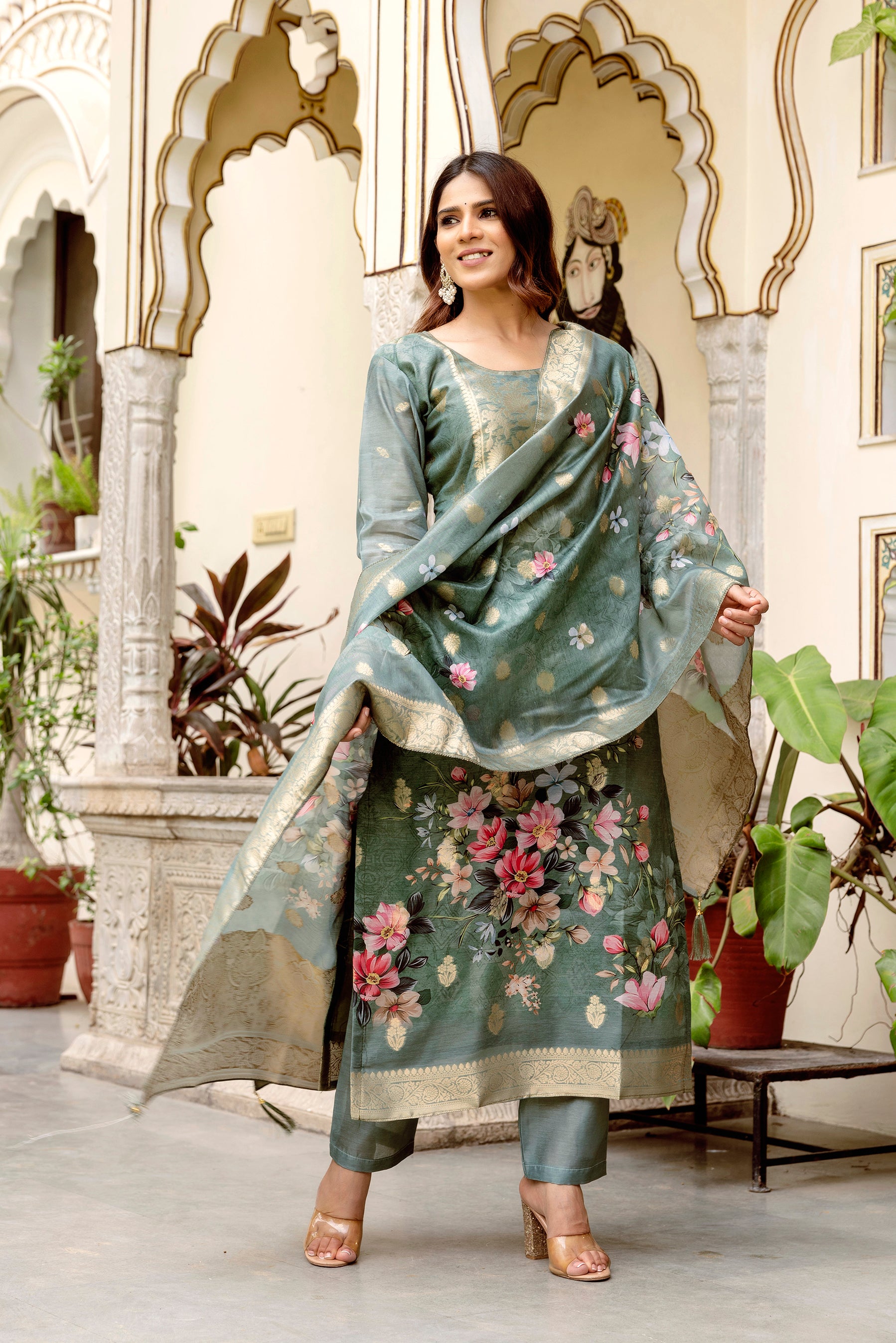 Women’s Chanderi Cotton Printed Suit Set with Viscose Gadhwal Bottom & Dupatta