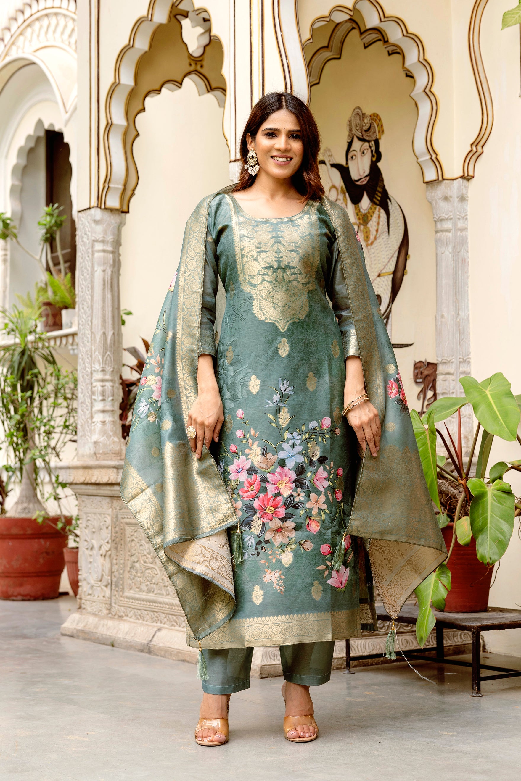 Women’s Chanderi Cotton Printed Suit Set with Viscose Gadhwal Bottom & Dupatta