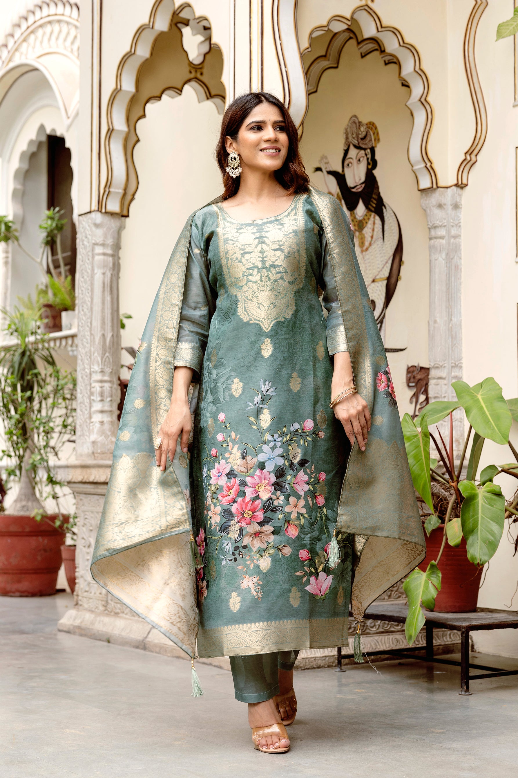 Women’s Chanderi Cotton Printed Suit Set with Viscose Gadhwal Bottom & Dupatta