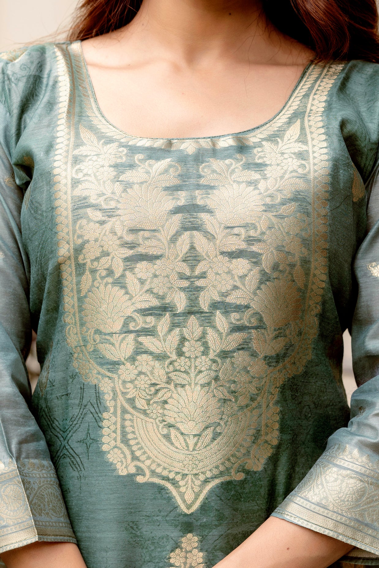 Women’s Chanderi Cotton Printed Suit Set with Viscose Gadhwal Bottom & Dupatta