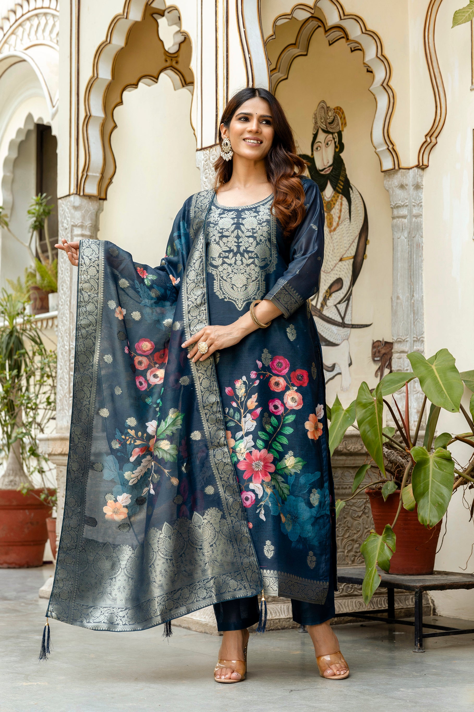 Women’s Chanderi Cotton Printed Suit Set with Viscose Gadhwal Bottom & Dupatta