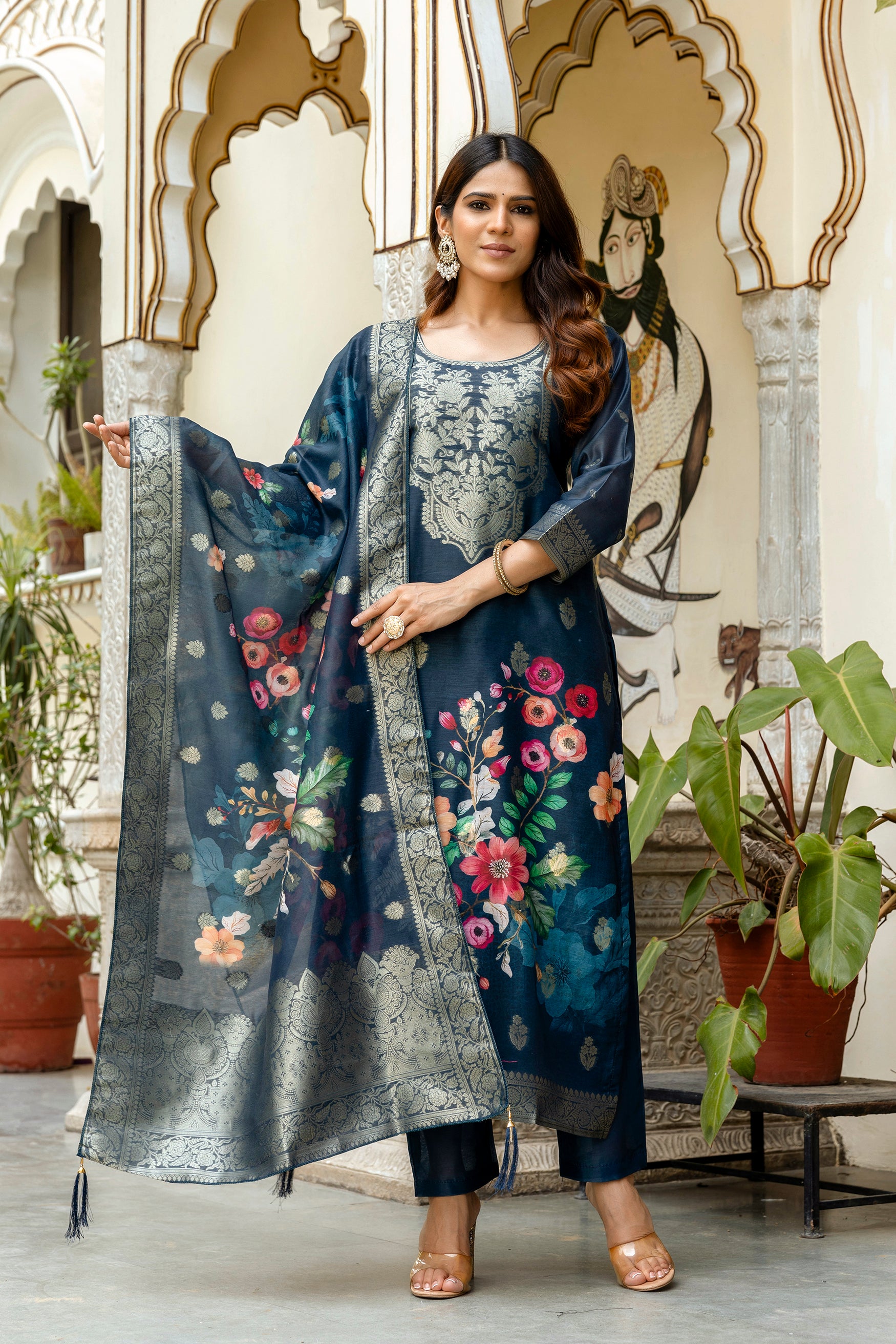 Women’s Chanderi Cotton Printed Suit Set with Viscose Gadhwal Bottom & Dupatta