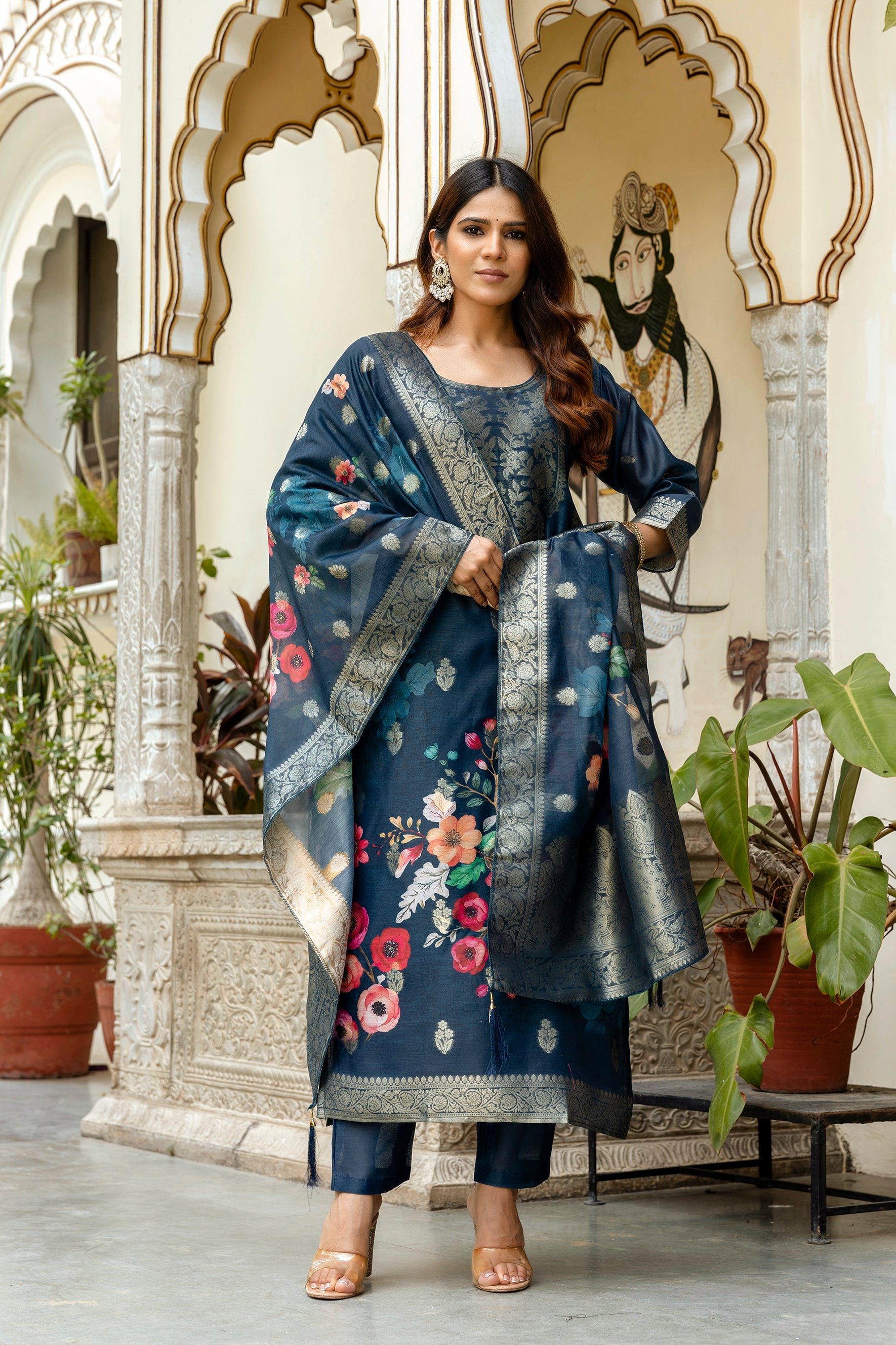 Women’s Chanderi Cotton Printed Suit Set with Viscose Gadhwal Bottom & Dupatta