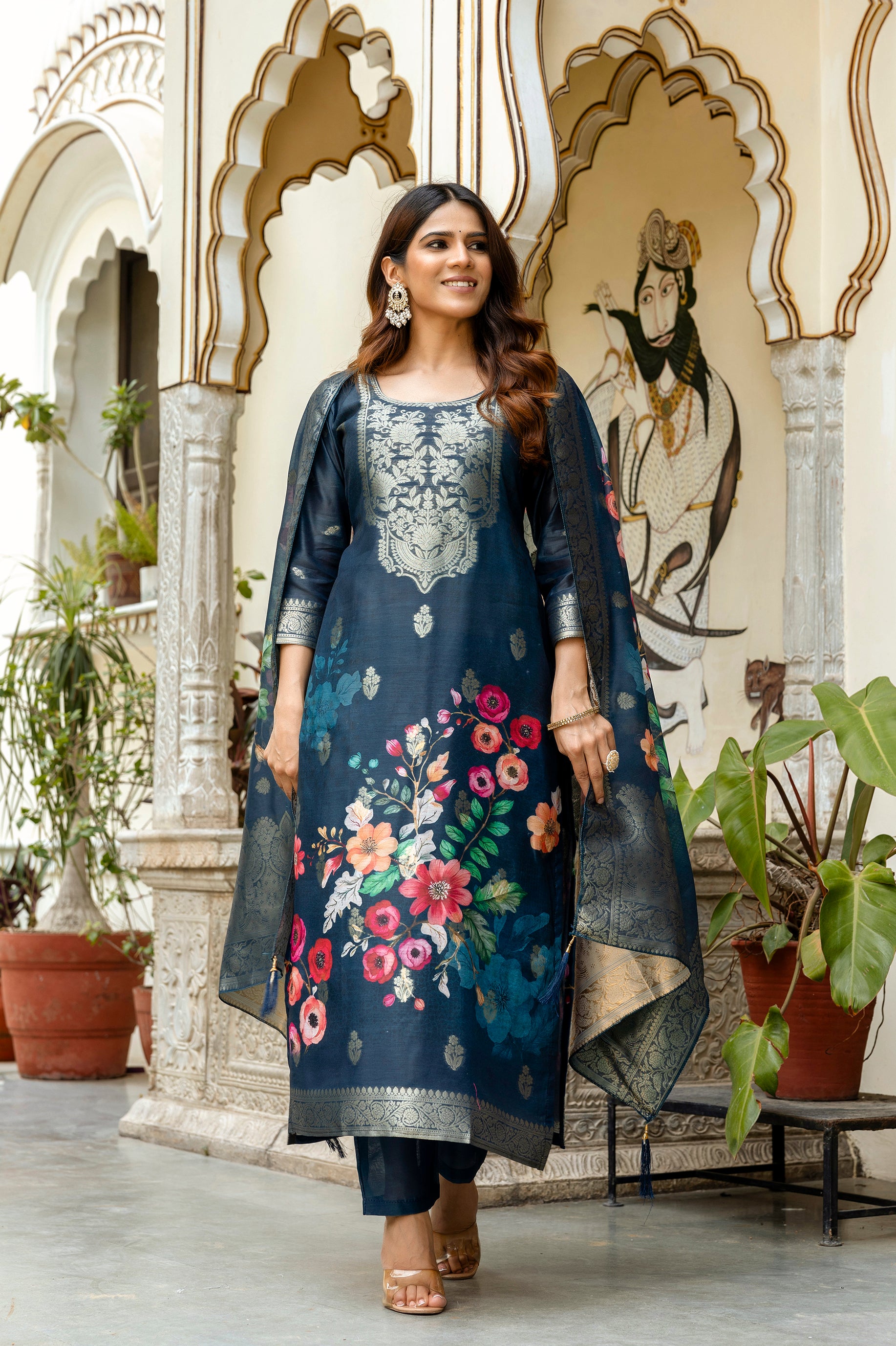 Women’s Chanderi Cotton Printed Suit Set with Viscose Gadhwal Bottom & Dupatta