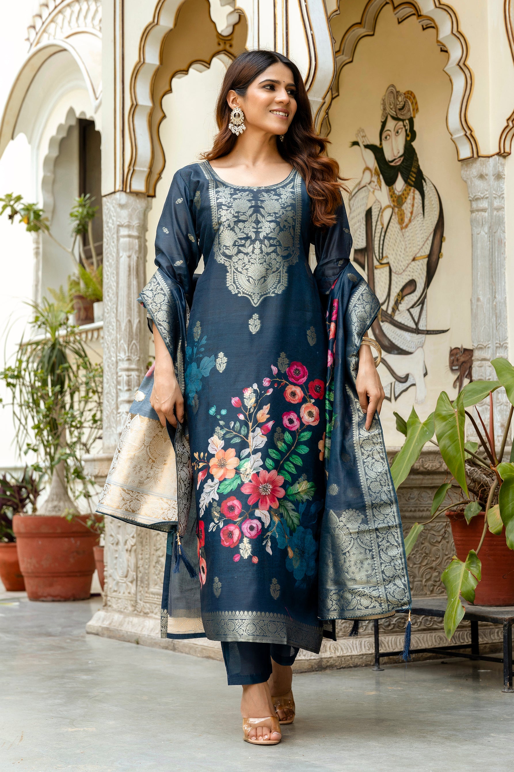 Women’s Chanderi Cotton Printed Suit Set with Viscose Gadhwal Bottom & Dupatta
