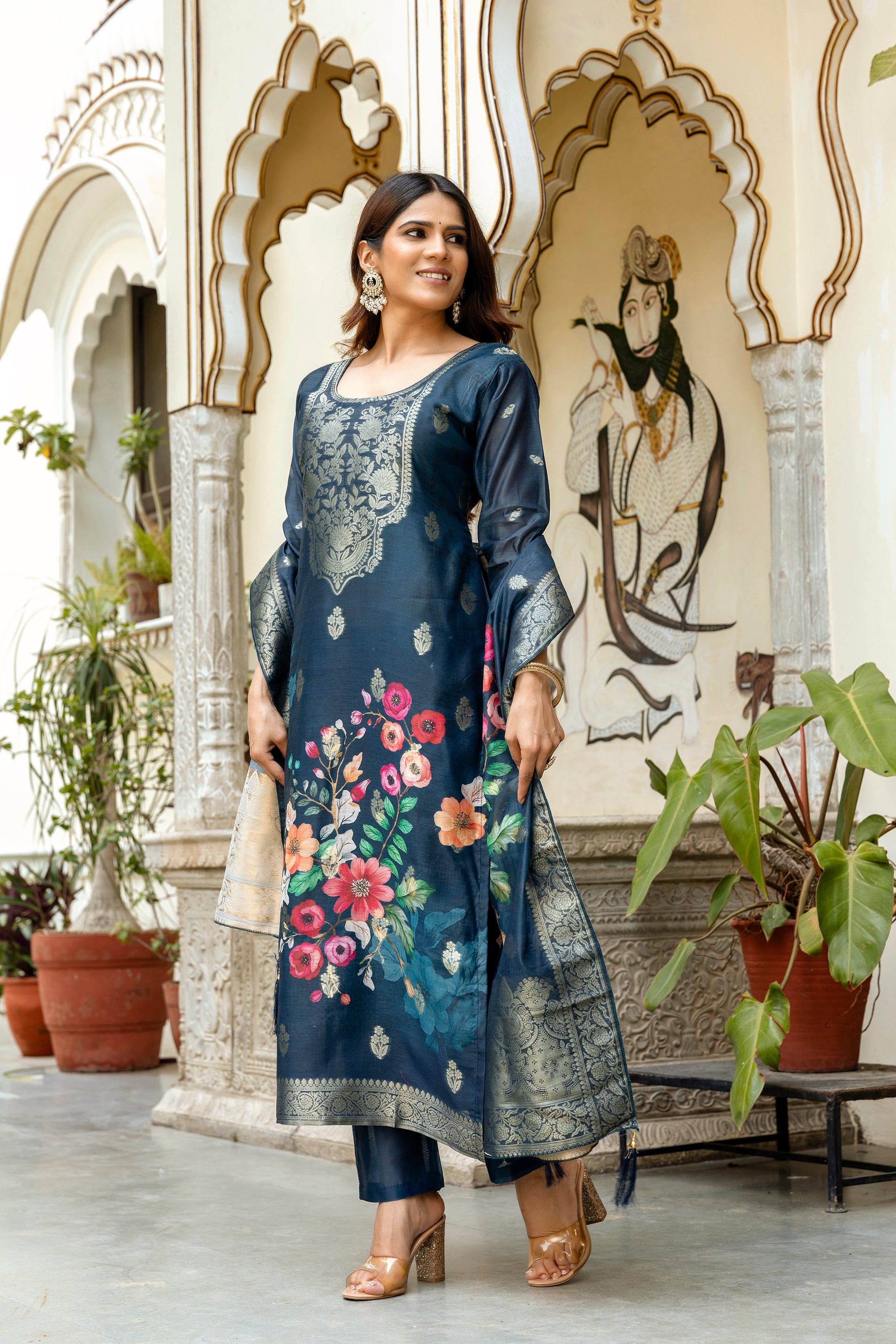 Women’s Chanderi Cotton Printed Suit Set with Viscose Gadhwal Bottom & Dupatta