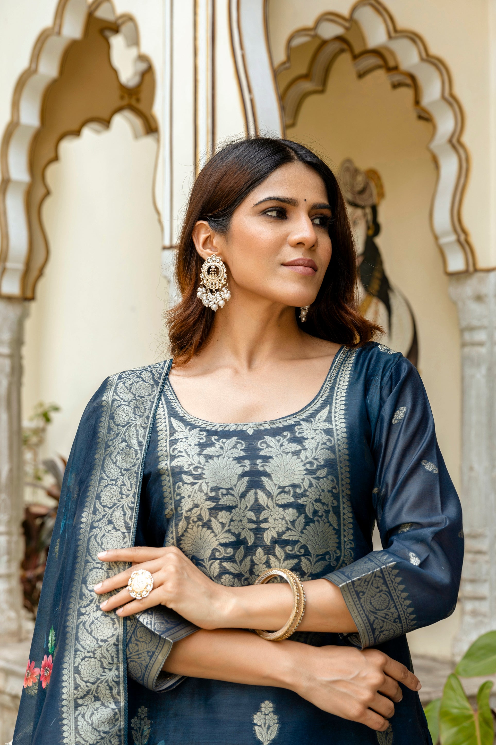 Women’s Chanderi Cotton Printed Suit Set with Viscose Gadhwal Bottom & Dupatta