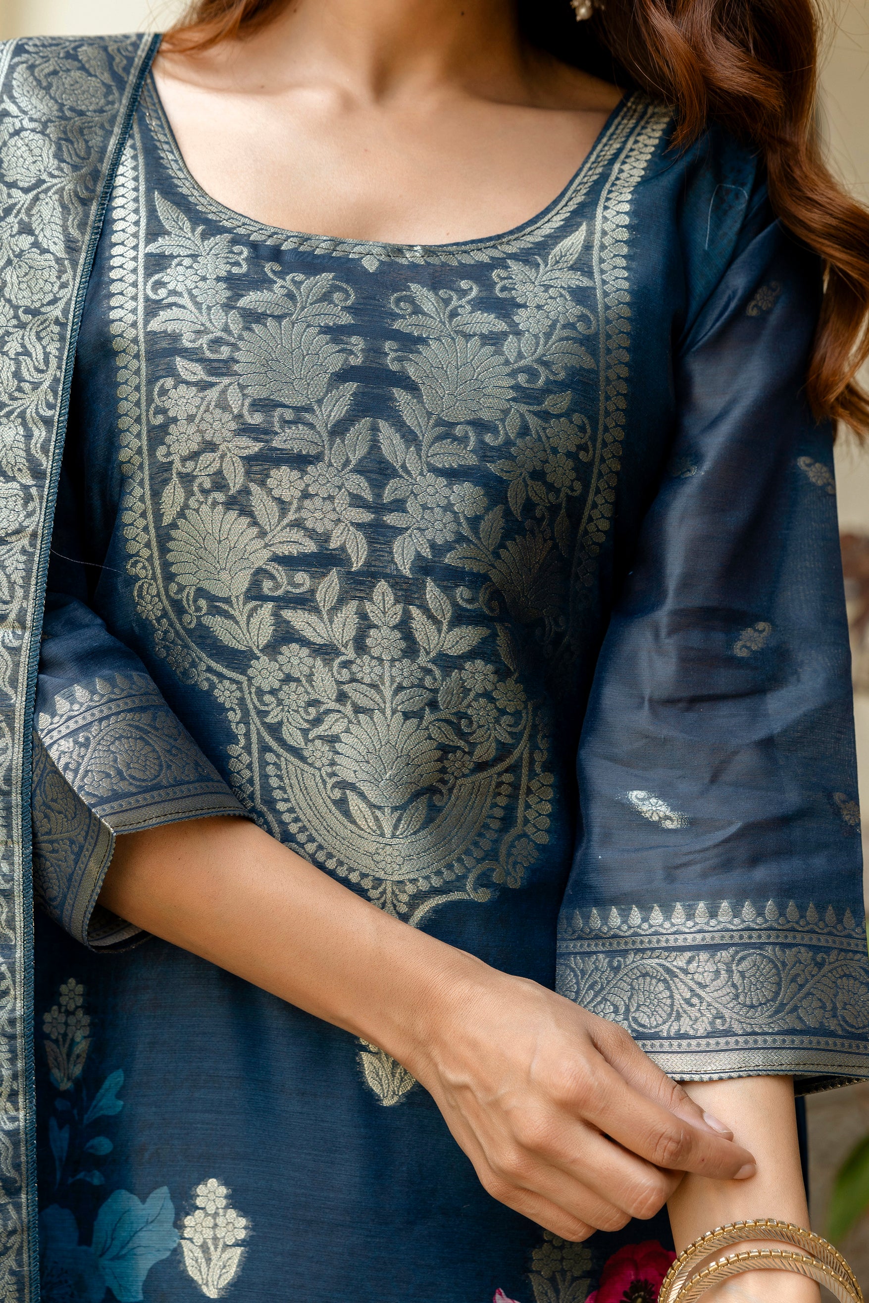 Women’s Chanderi Cotton Printed Suit Set with Viscose Gadhwal Bottom & Dupatta