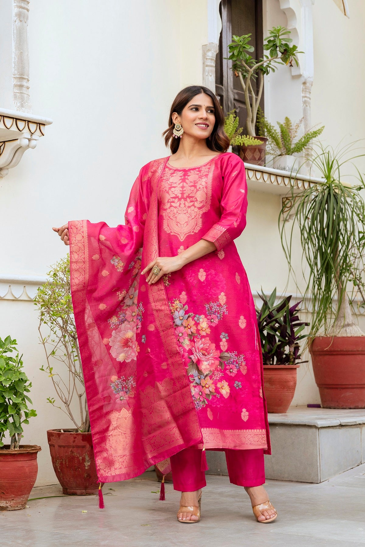 Women’s Chanderi Cotton Printed Suit Set with Viscose Gadhwal Bottom & Dupatta