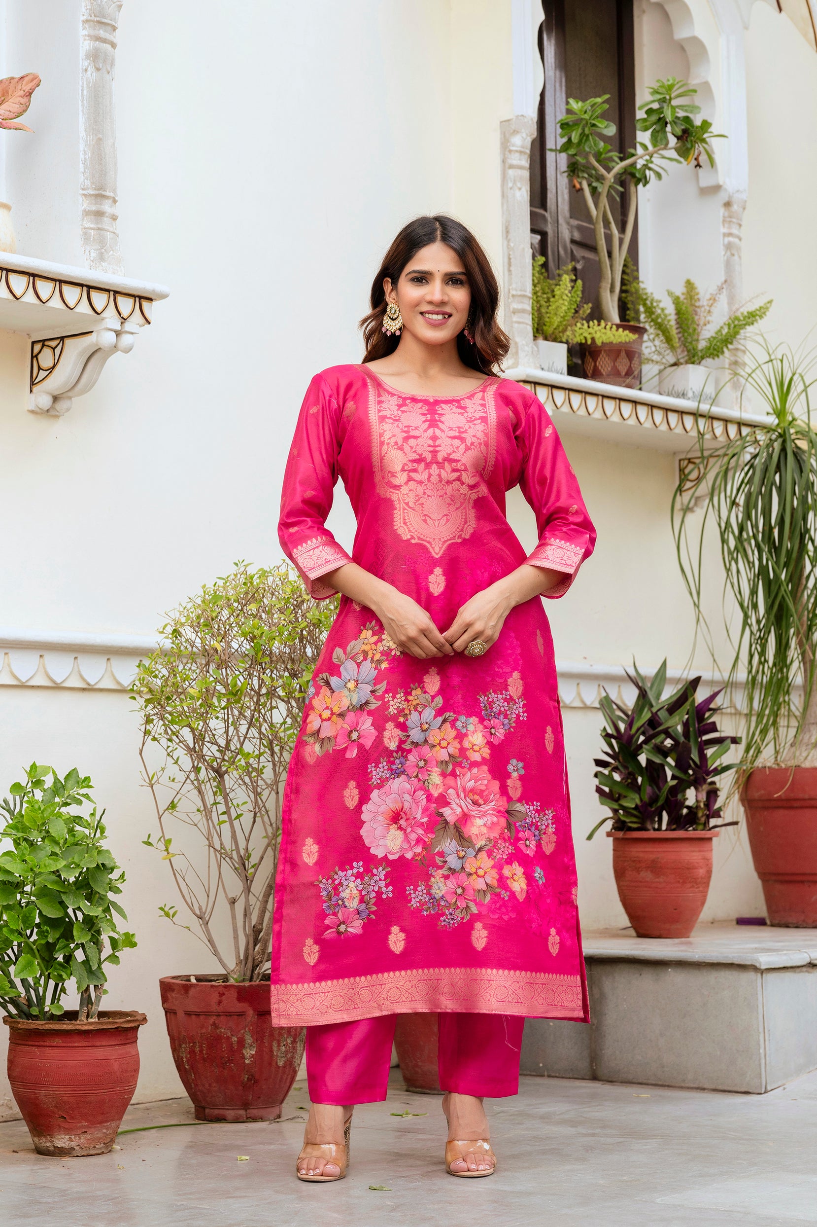Women’s Chanderi Cotton Printed Suit Set with Viscose Gadhwal Bottom & Dupatta