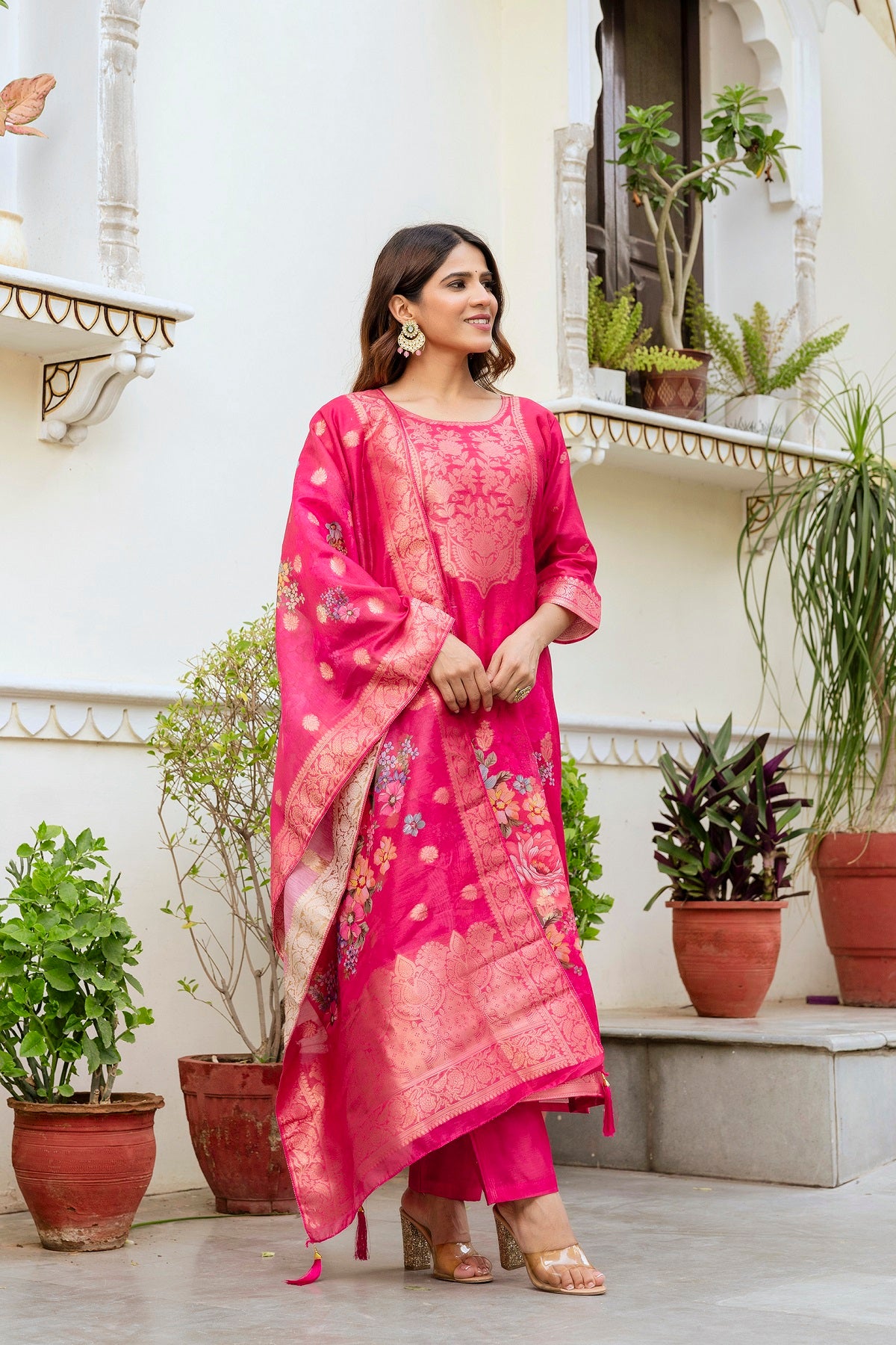 Women’s Chanderi Cotton Printed Suit Set with Viscose Gadhwal Bottom & Dupatta
