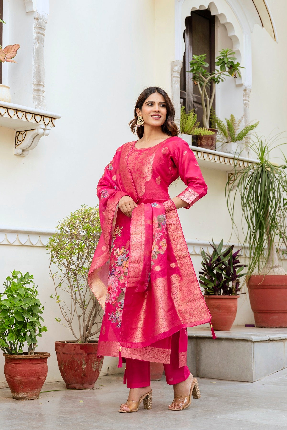 Women’s Chanderi Cotton Printed Suit Set with Viscose Gadhwal Bottom & Dupatta
