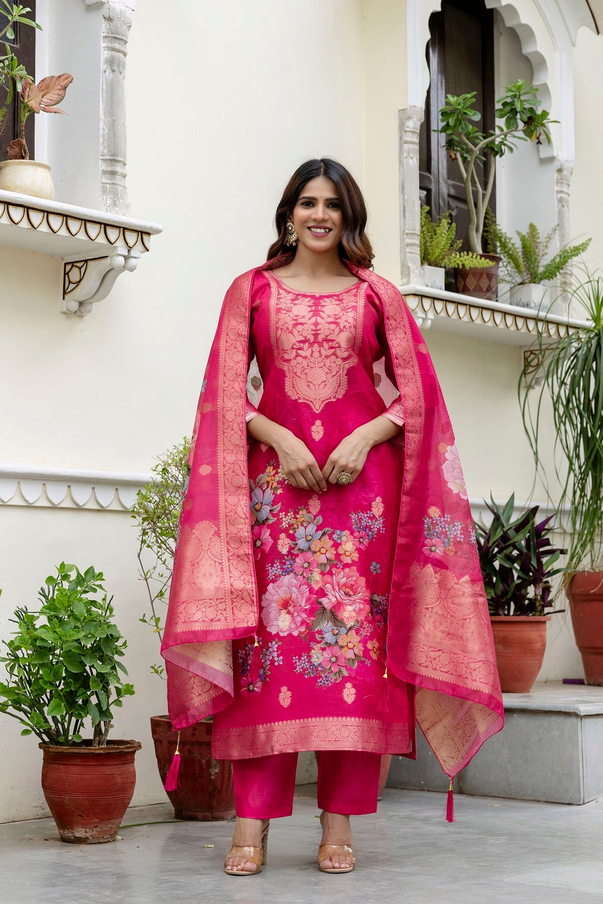 Women’s Chanderi Cotton Printed Suit Set with Viscose Gadhwal Bottom & Dupatta