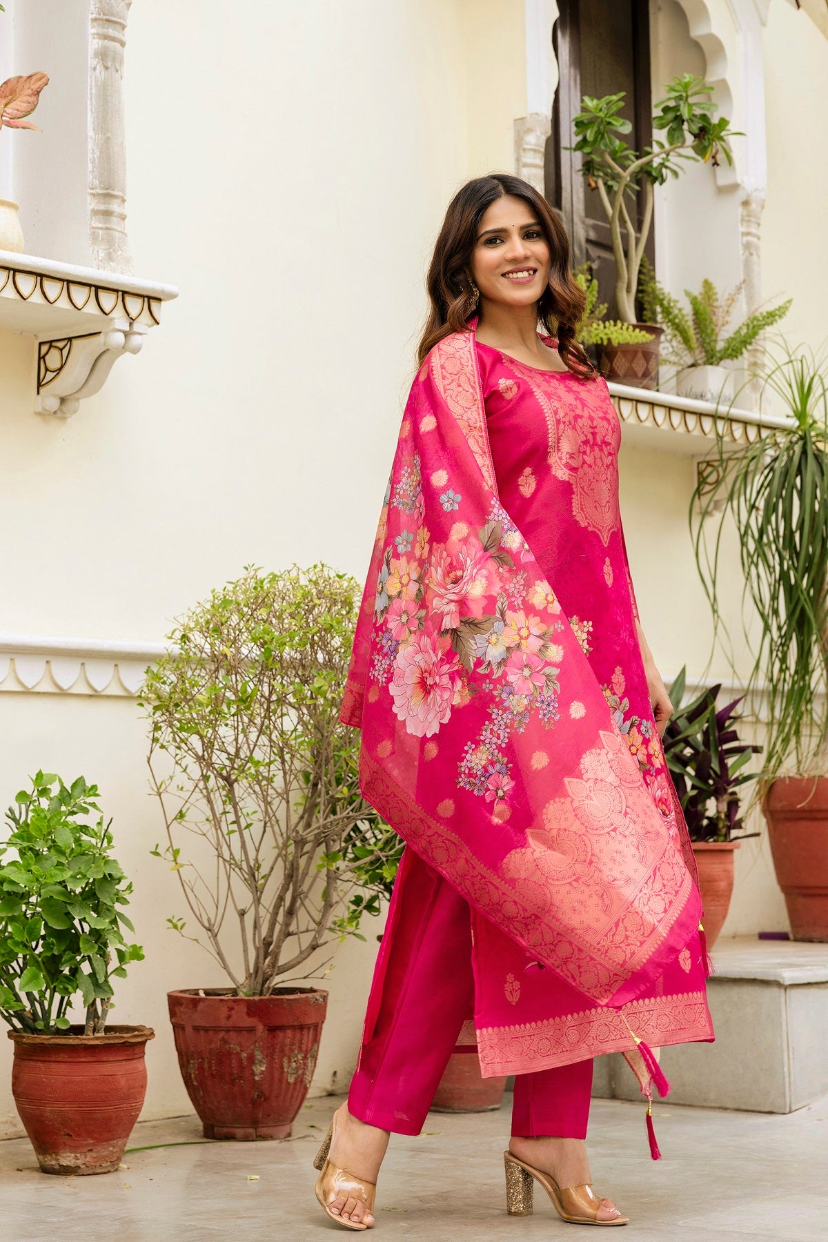 Women’s Chanderi Cotton Printed Suit Set with Viscose Gadhwal Bottom & Dupatta