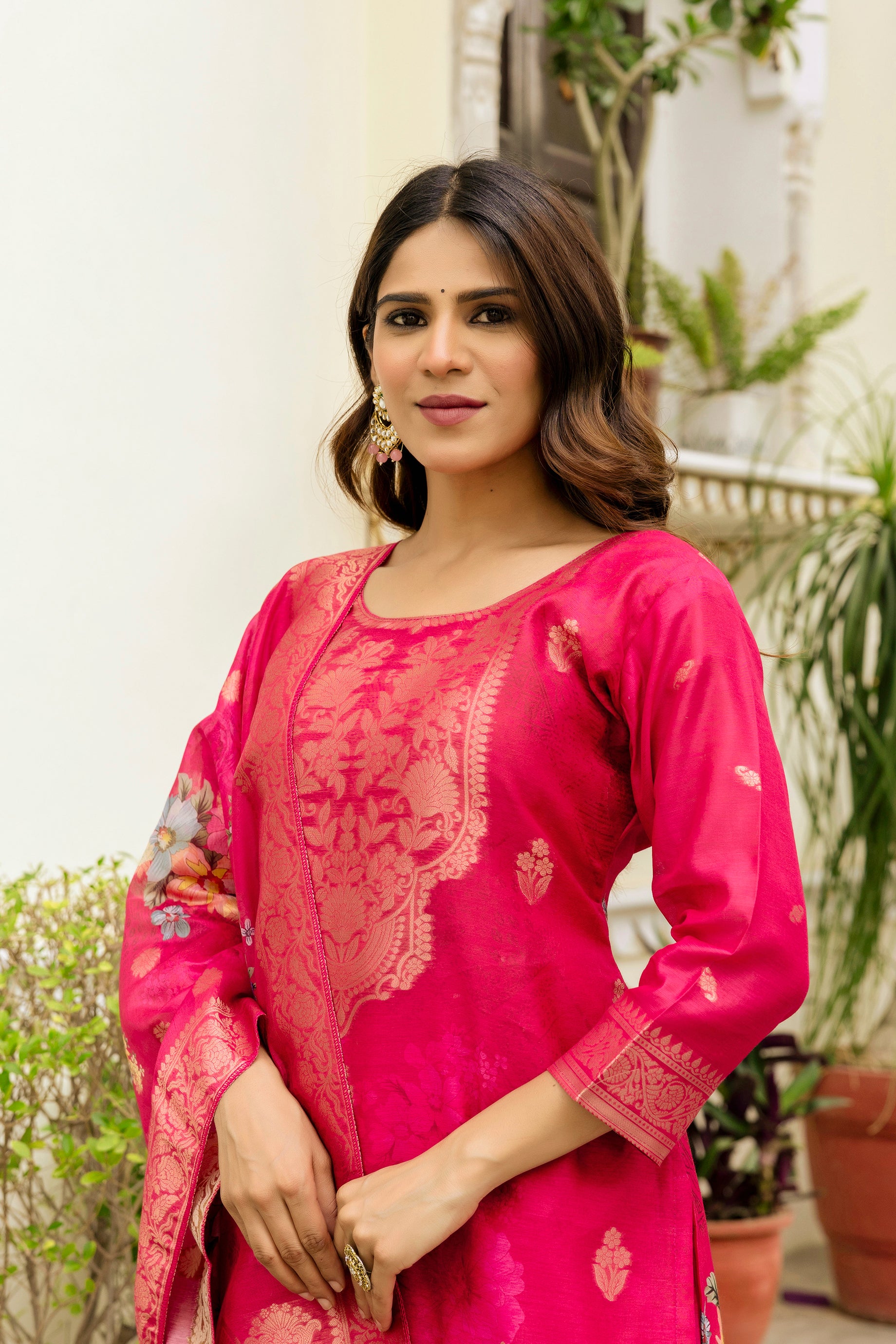 Women’s Chanderi Cotton Printed Suit Set with Viscose Gadhwal Bottom & Dupatta