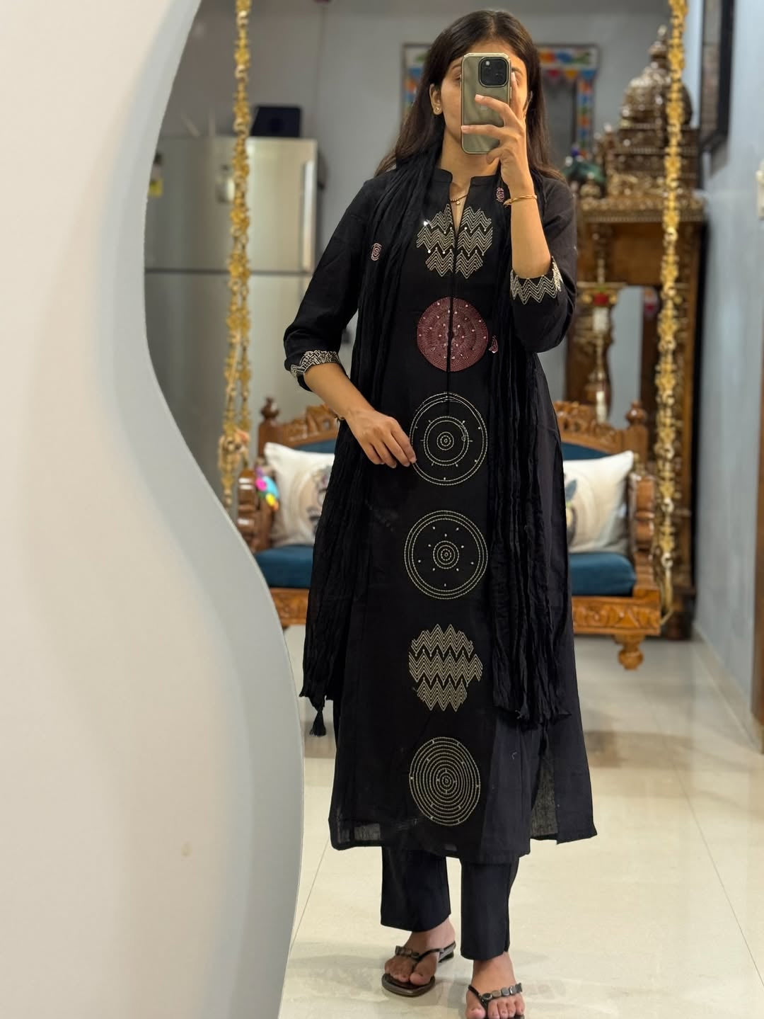Festive Mul Cotton Kurti Pant Dupatta Set – Black & Orange