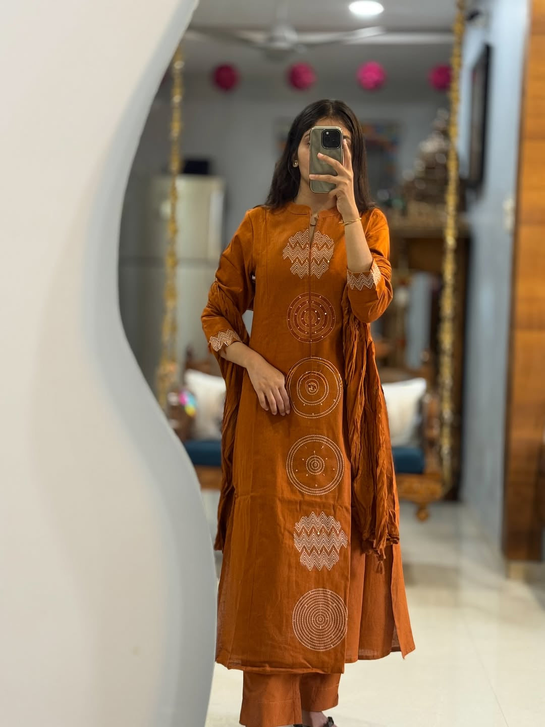 Festive Mul Cotton Kurti Pant Dupatta Set – Black & Orange