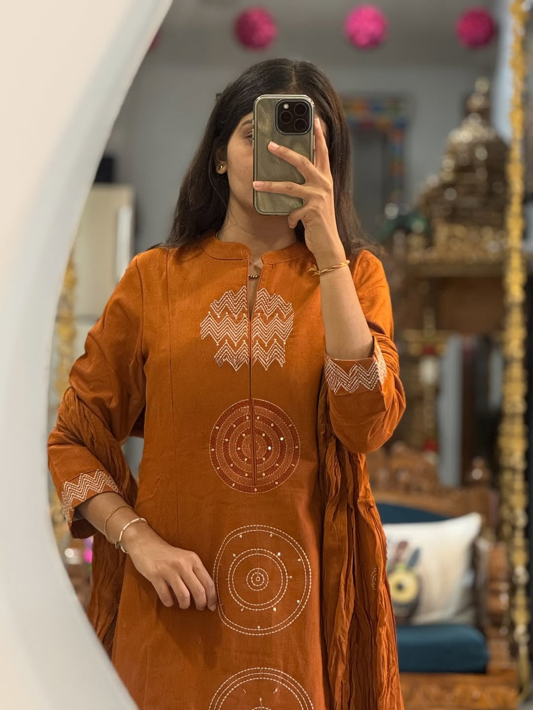 Festive Mul Cotton Kurti Pant Dupatta Set – Black & Orange