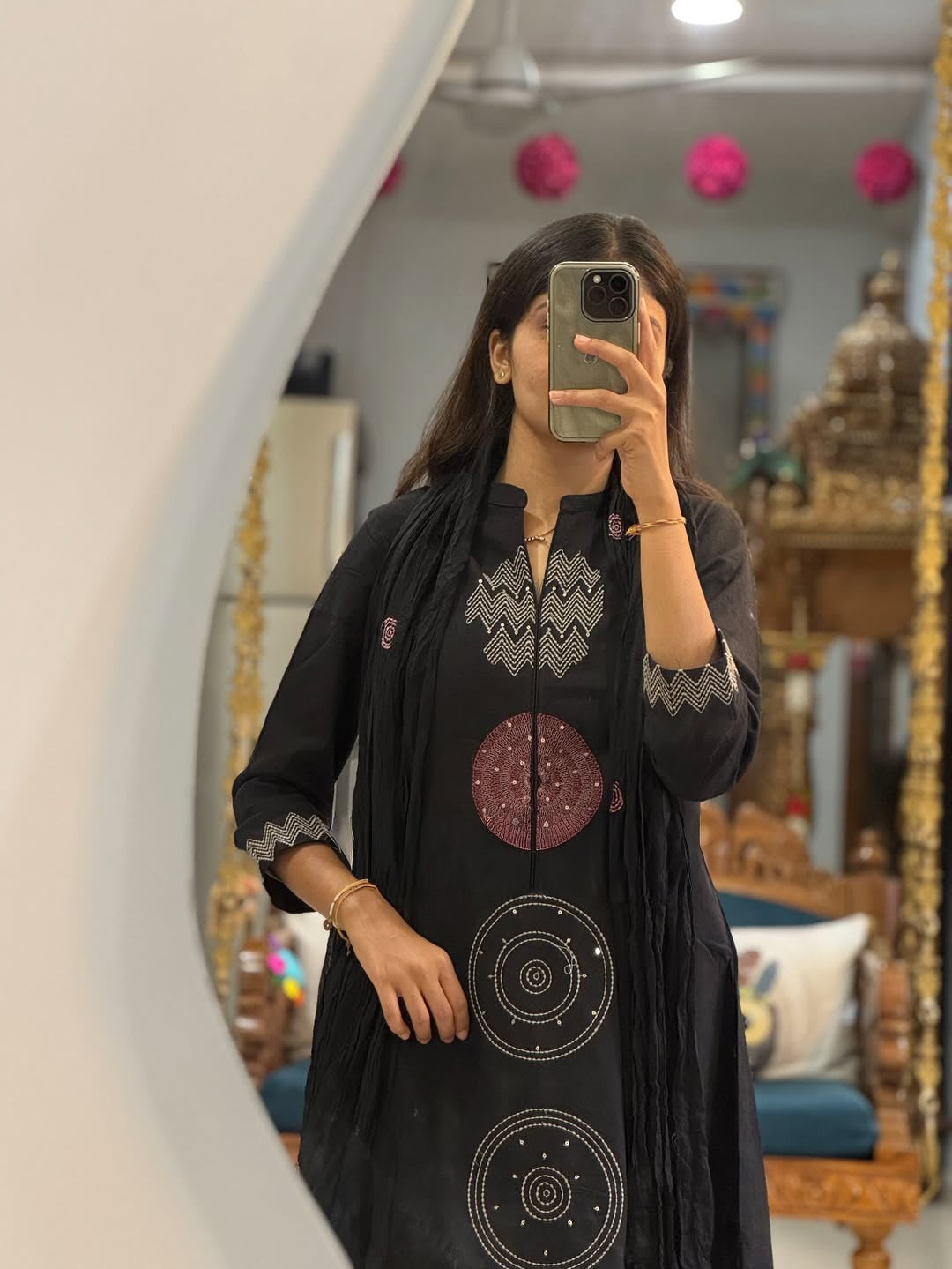 Festive Mul Cotton Kurti Pant Dupatta Set – Black & Orange
