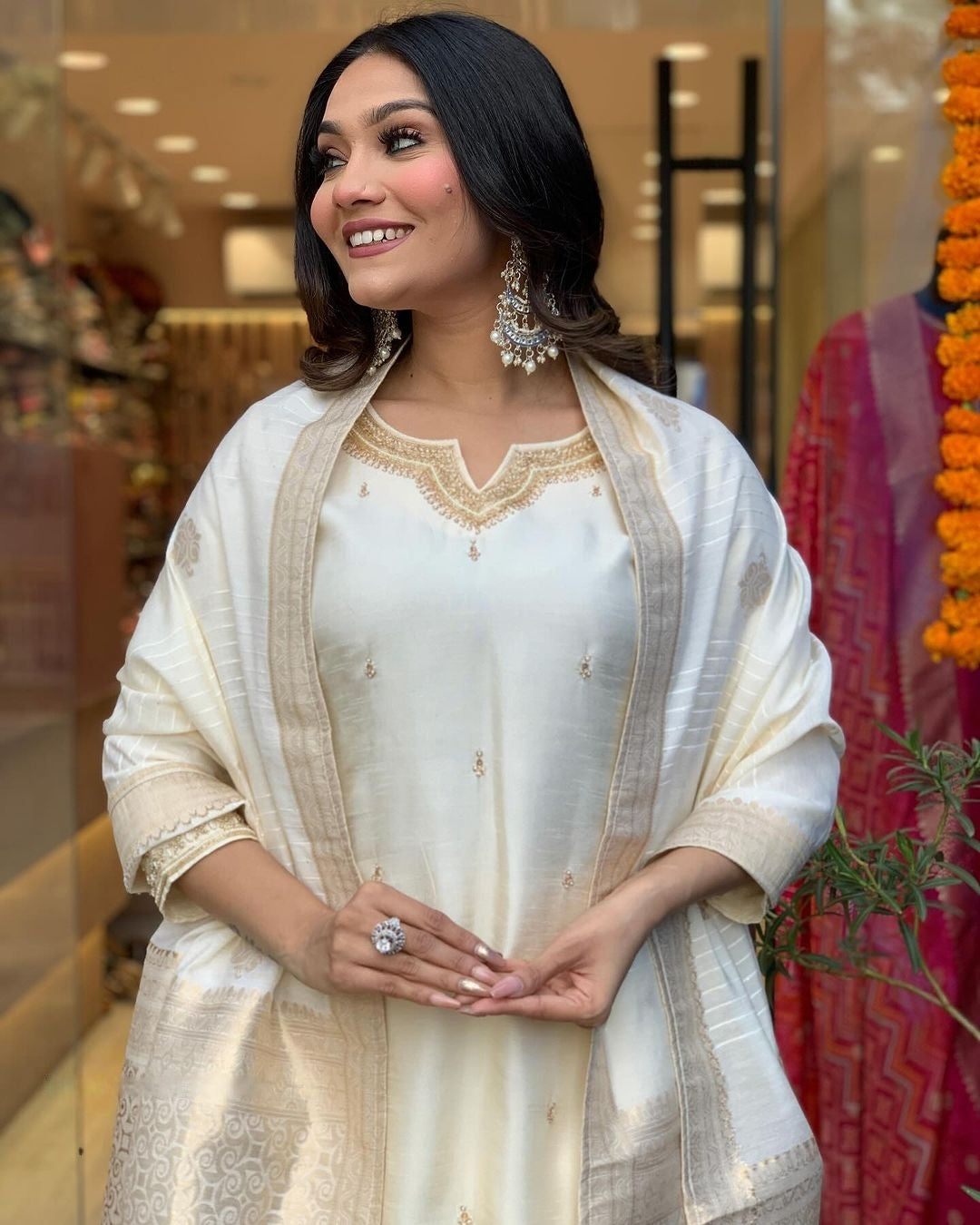 Women’s Viscose Chanderi Embroidered Suit Set with Jacquard Dupatta