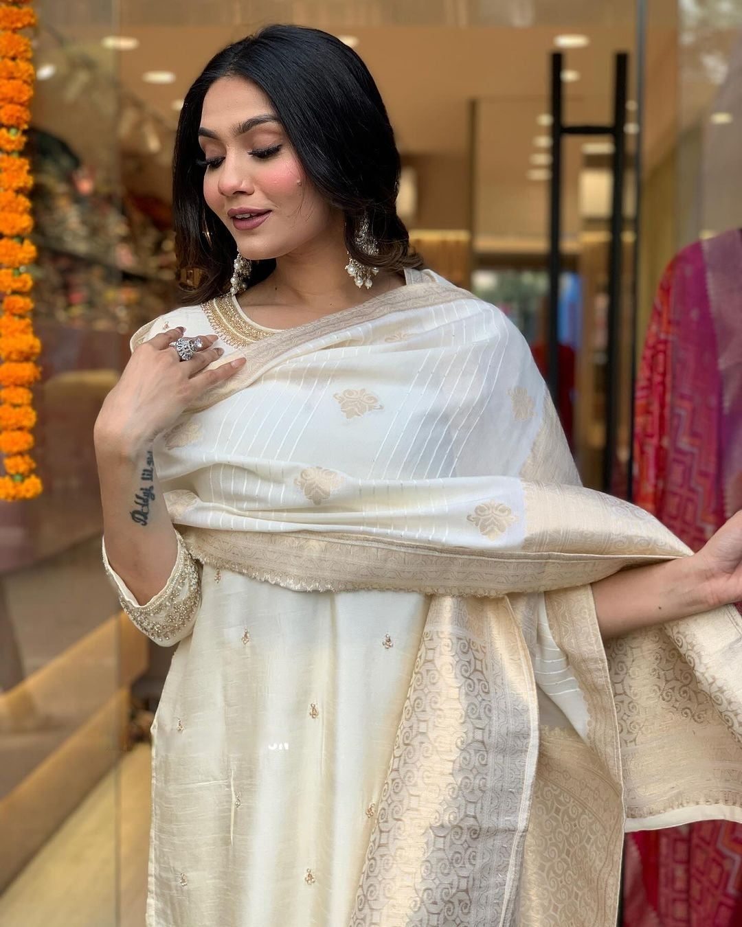 Women’s Viscose Chanderi Embroidered Suit Set with Jacquard Dupatta