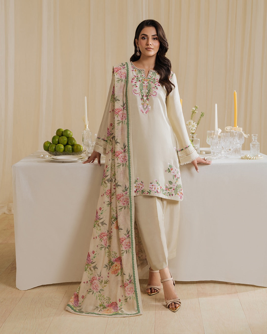 Floral Satin Pakistani Suit with Embroidered Kurti & Dupatta