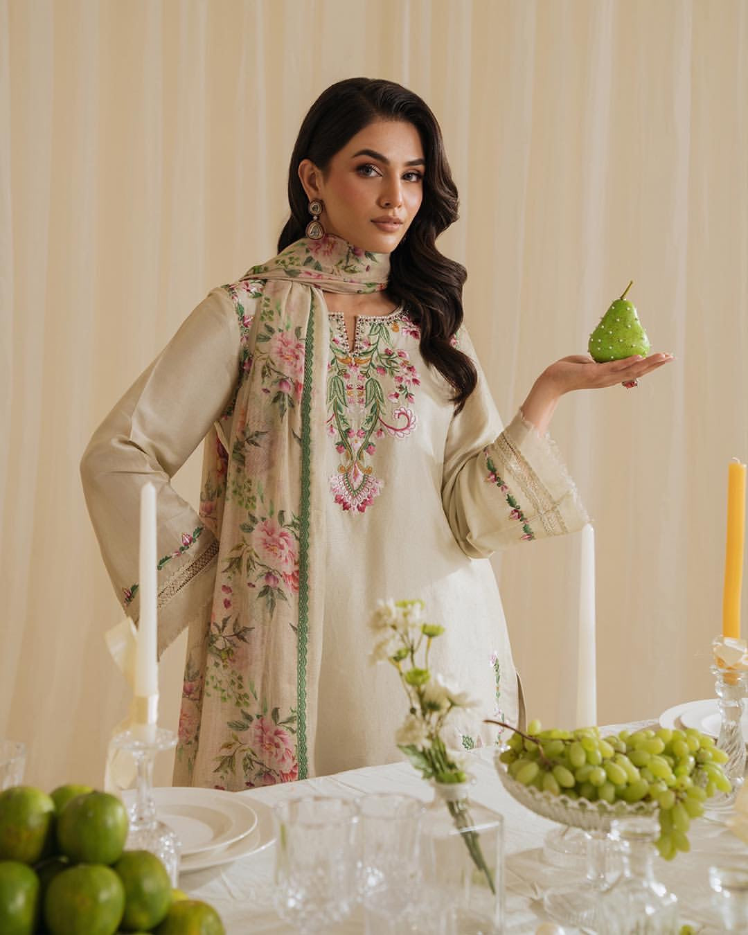 Floral Satin Pakistani Suit with Embroidered Kurti & Dupatta