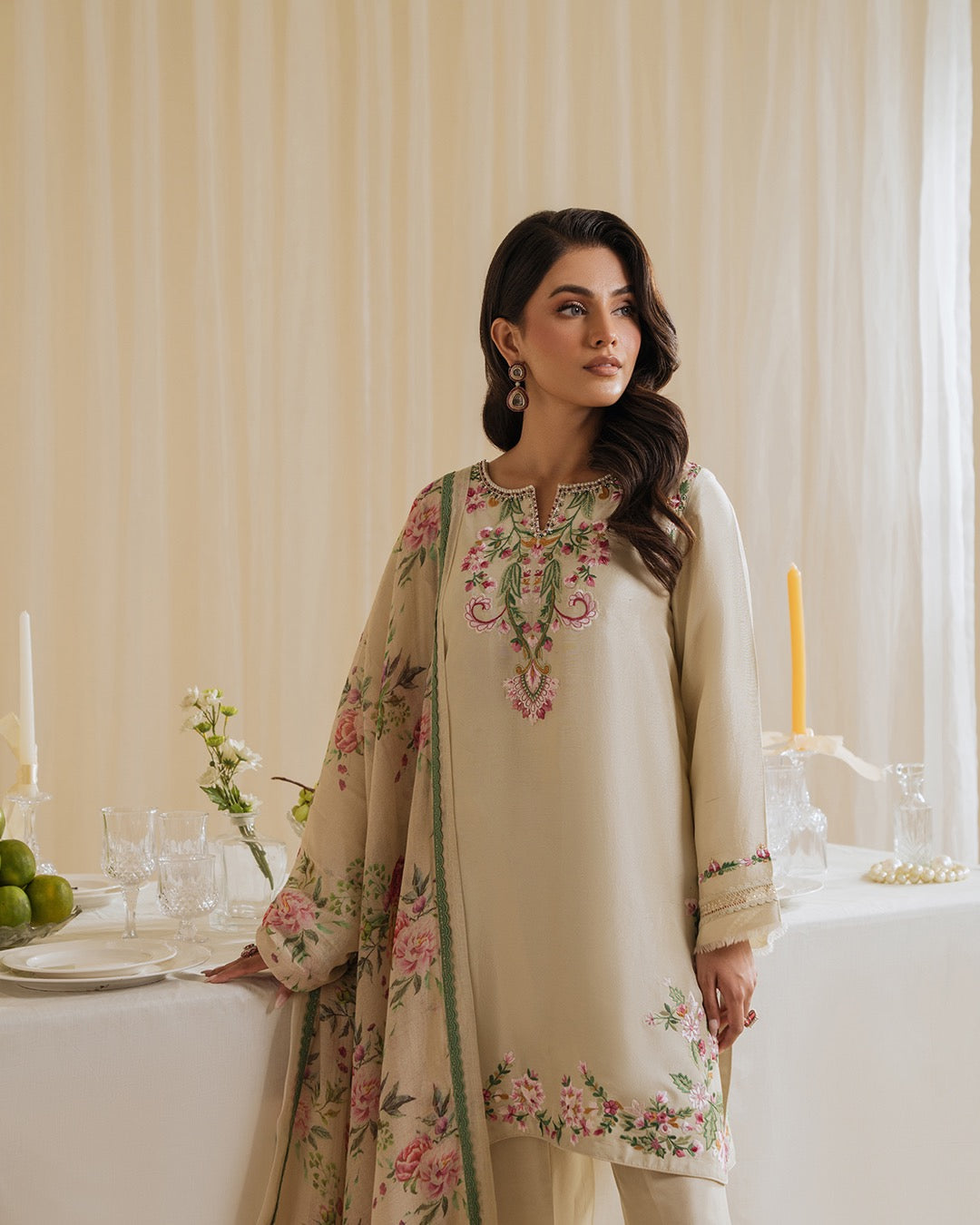 Floral Satin Pakistani Suit with Embroidered Kurti & Dupatta