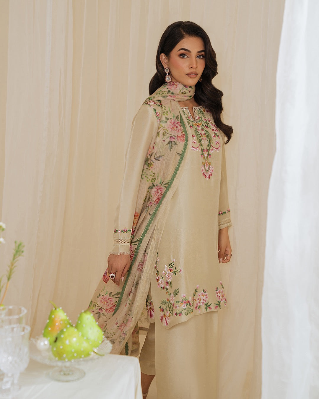 Floral Satin Pakistani Suit with Embroidered Kurti & Dupatta