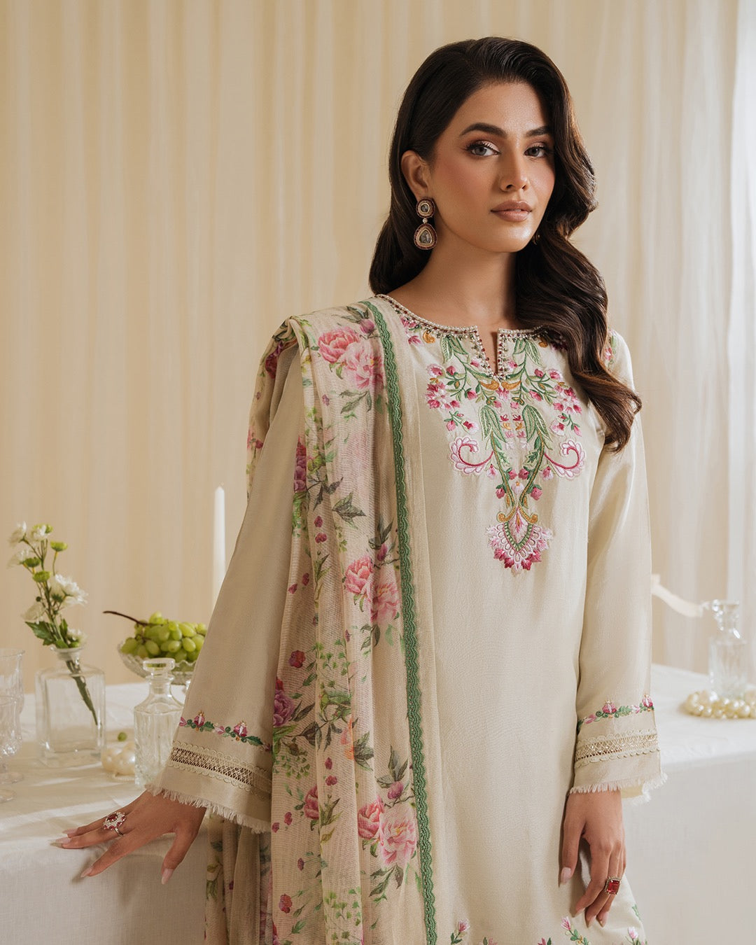 Floral Satin Pakistani Suit with Embroidered Kurti & Dupatta