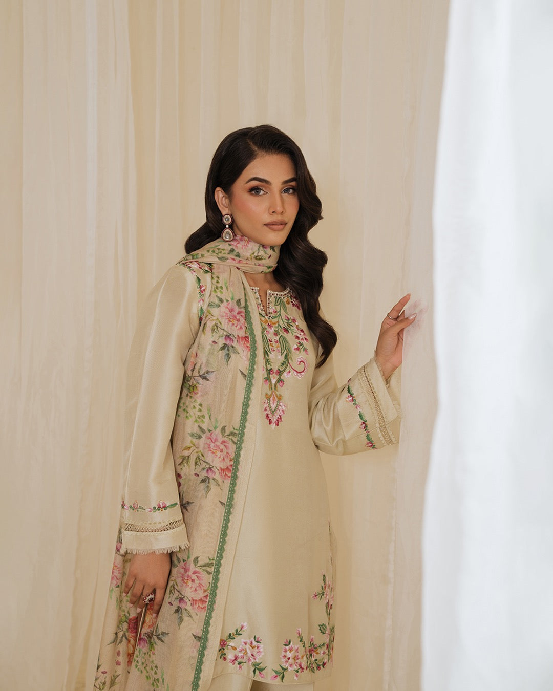 Floral Satin Pakistani Suit with Embroidered Kurti & Dupatta