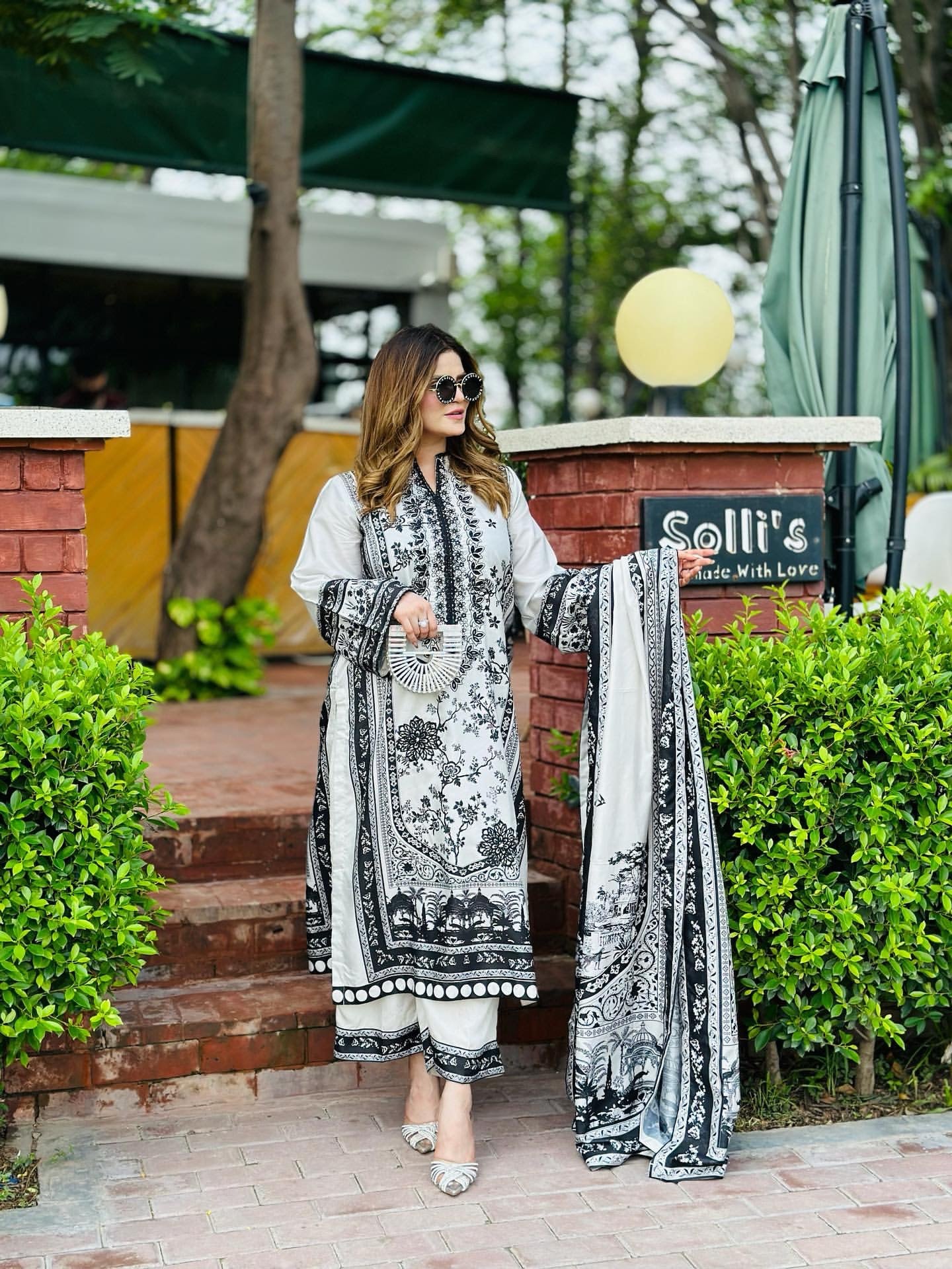 Black & White Satin Printed Co-Ord Set with Dupatta