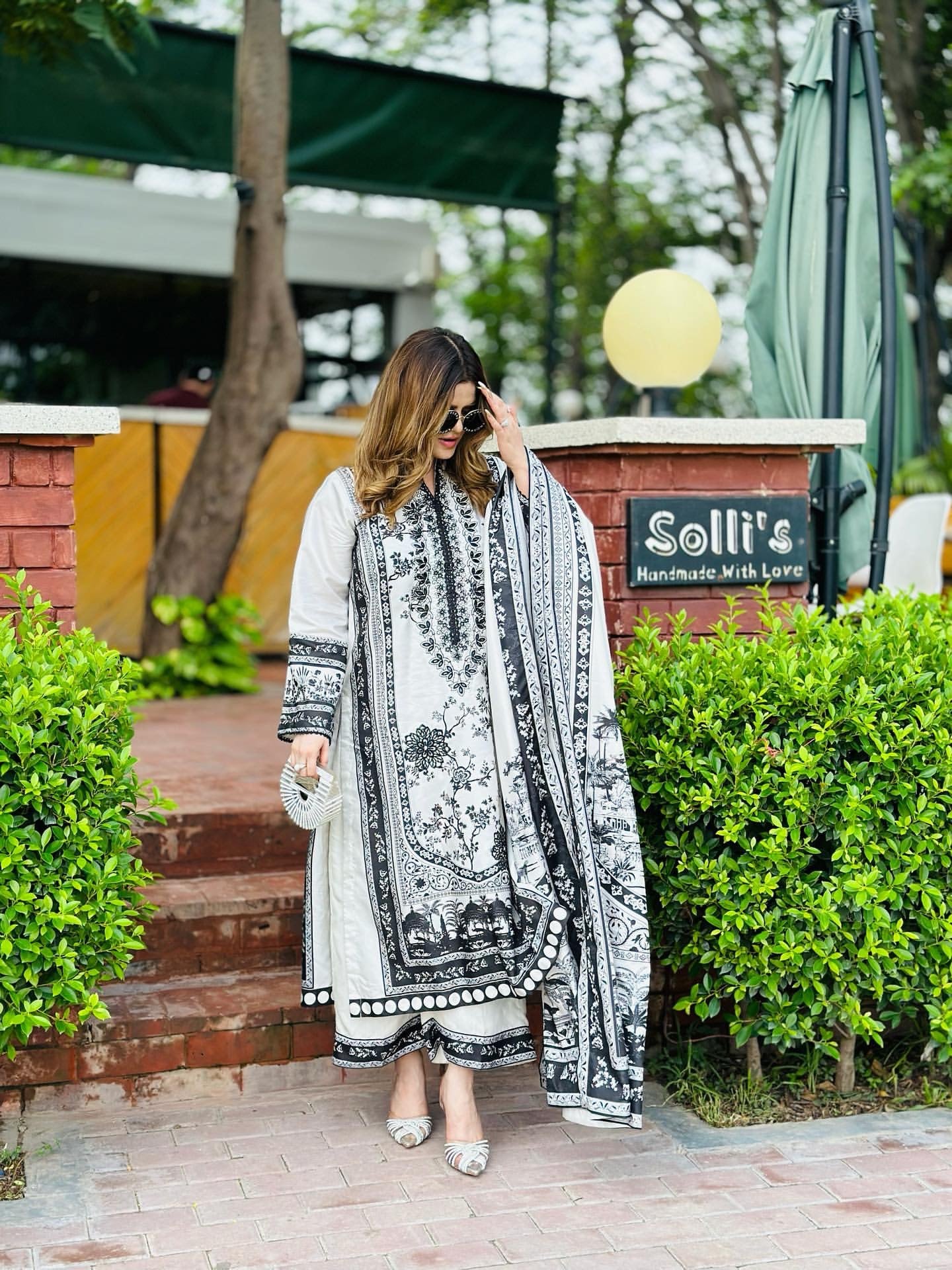 Black & White Satin Printed Co-Ord Set with Dupatta