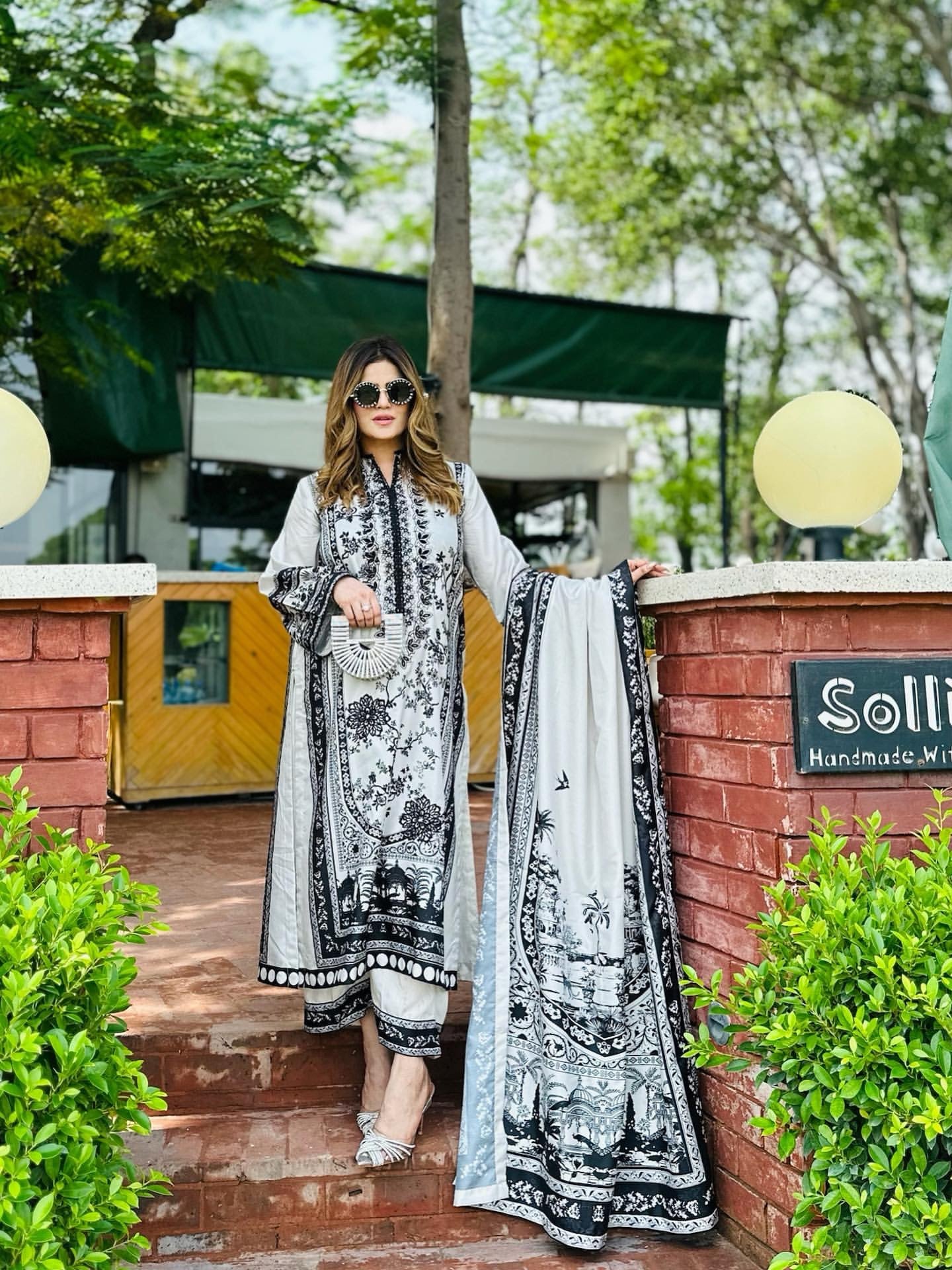 Black & White Satin Printed Co-Ord Set with Dupatta