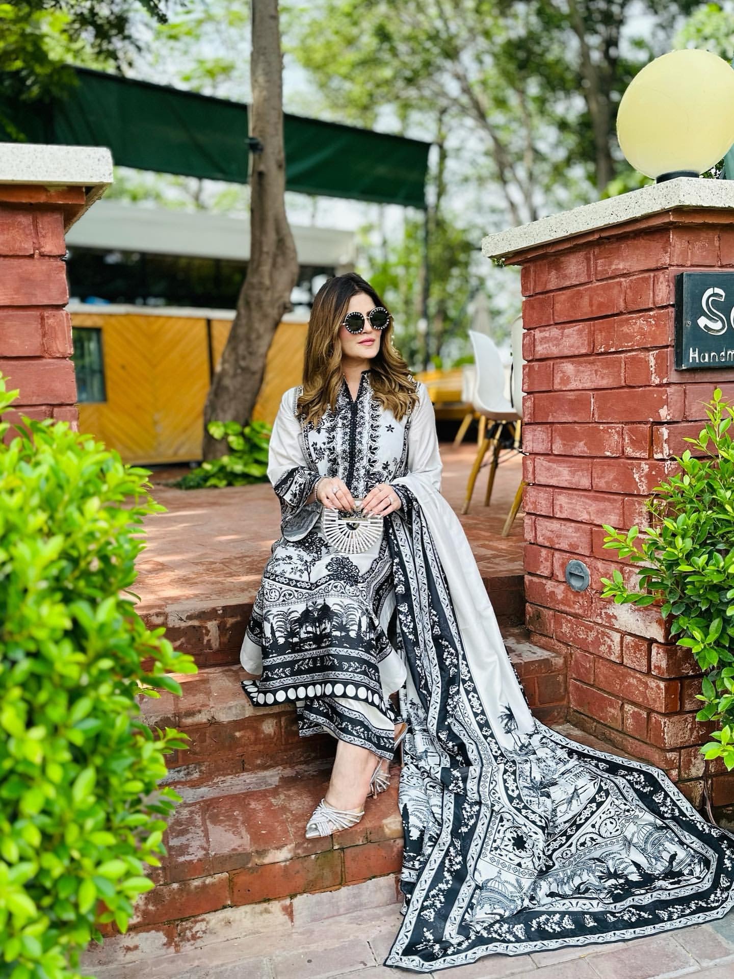 Black & White Satin Printed Co-Ord Set with Dupatta