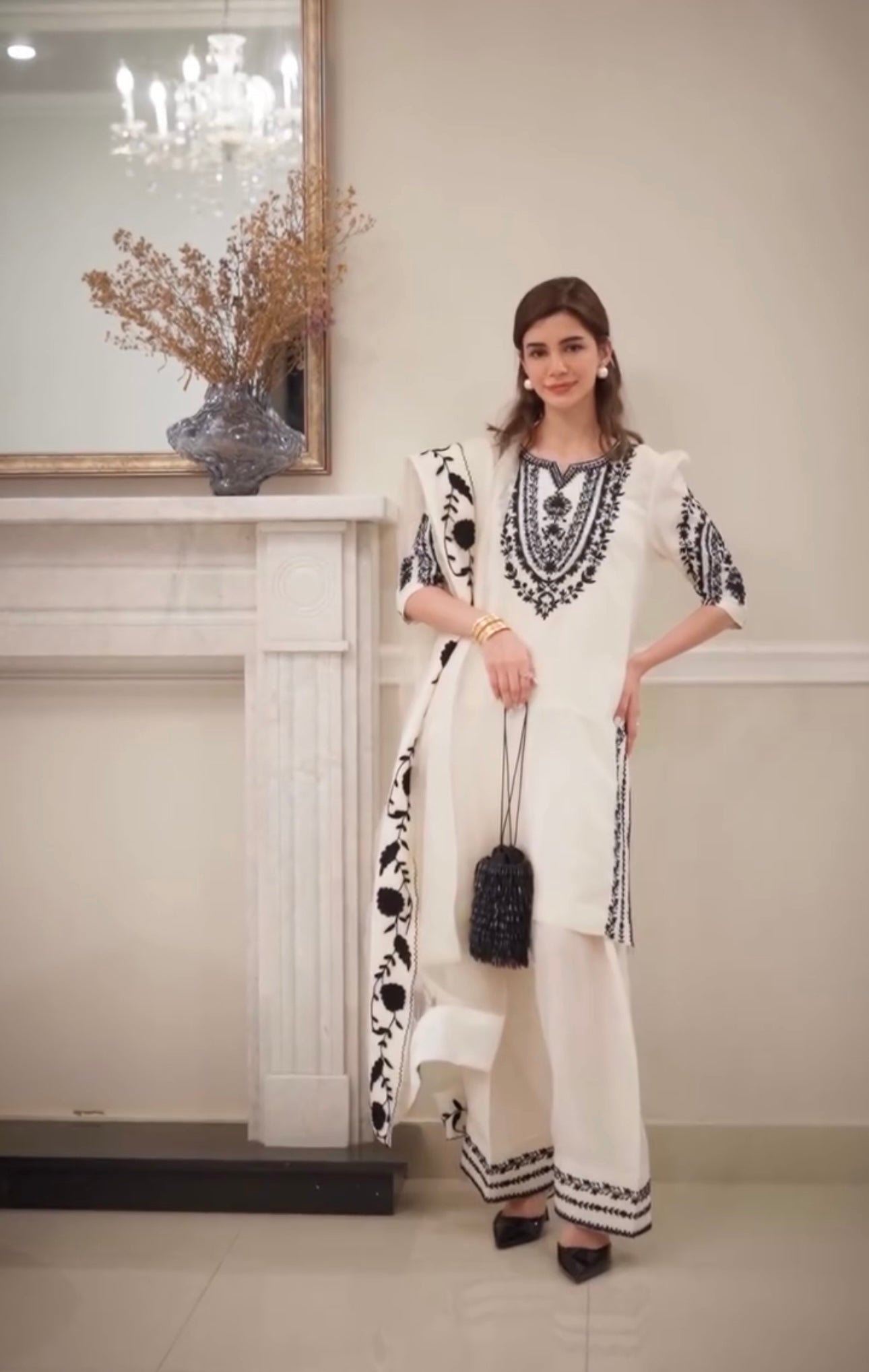 Designer Crepe Farshi Palazzo Set with Embroidered Dupatta