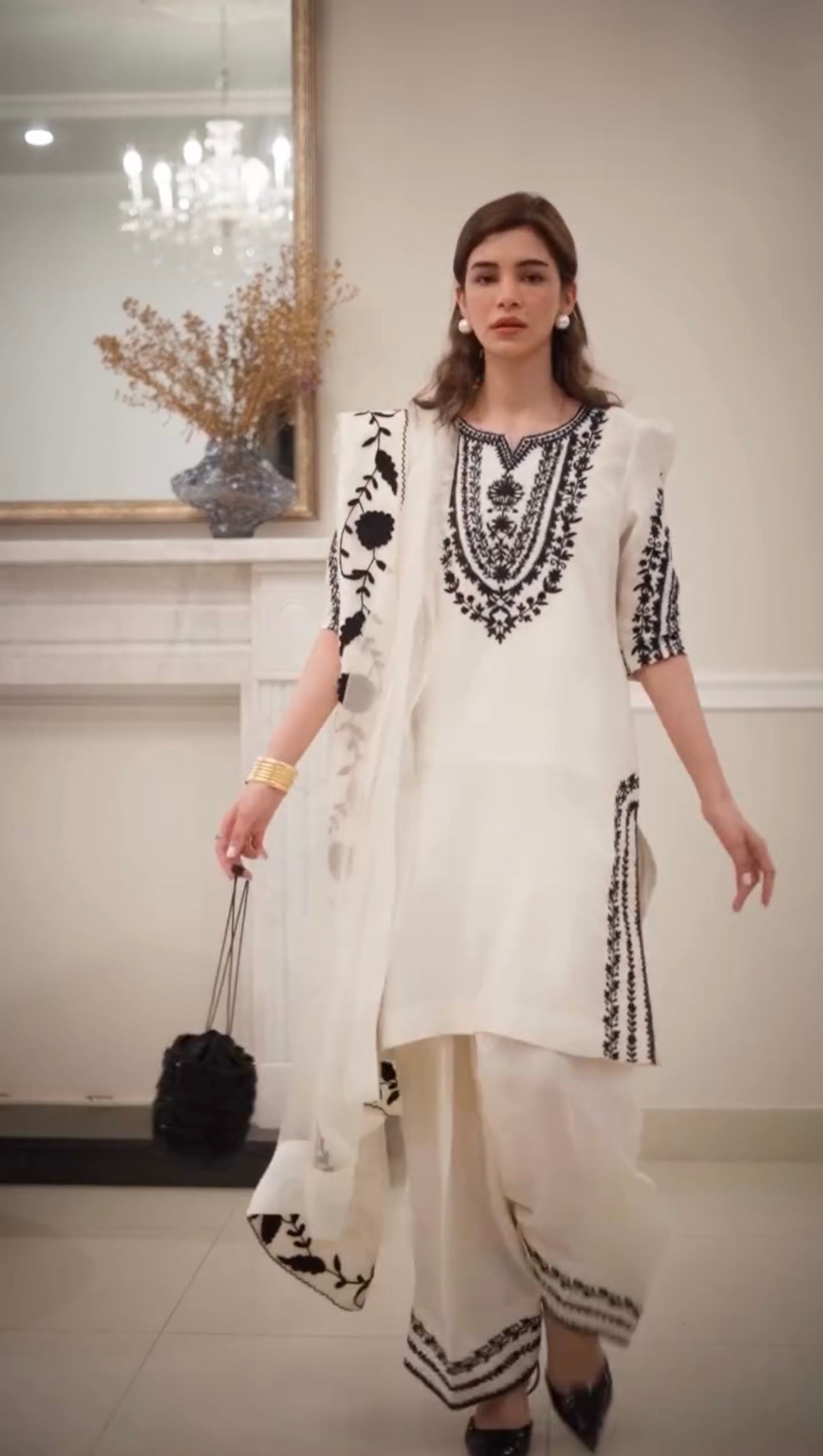 Designer Crepe Farshi Palazzo Set with Embroidered Dupatta