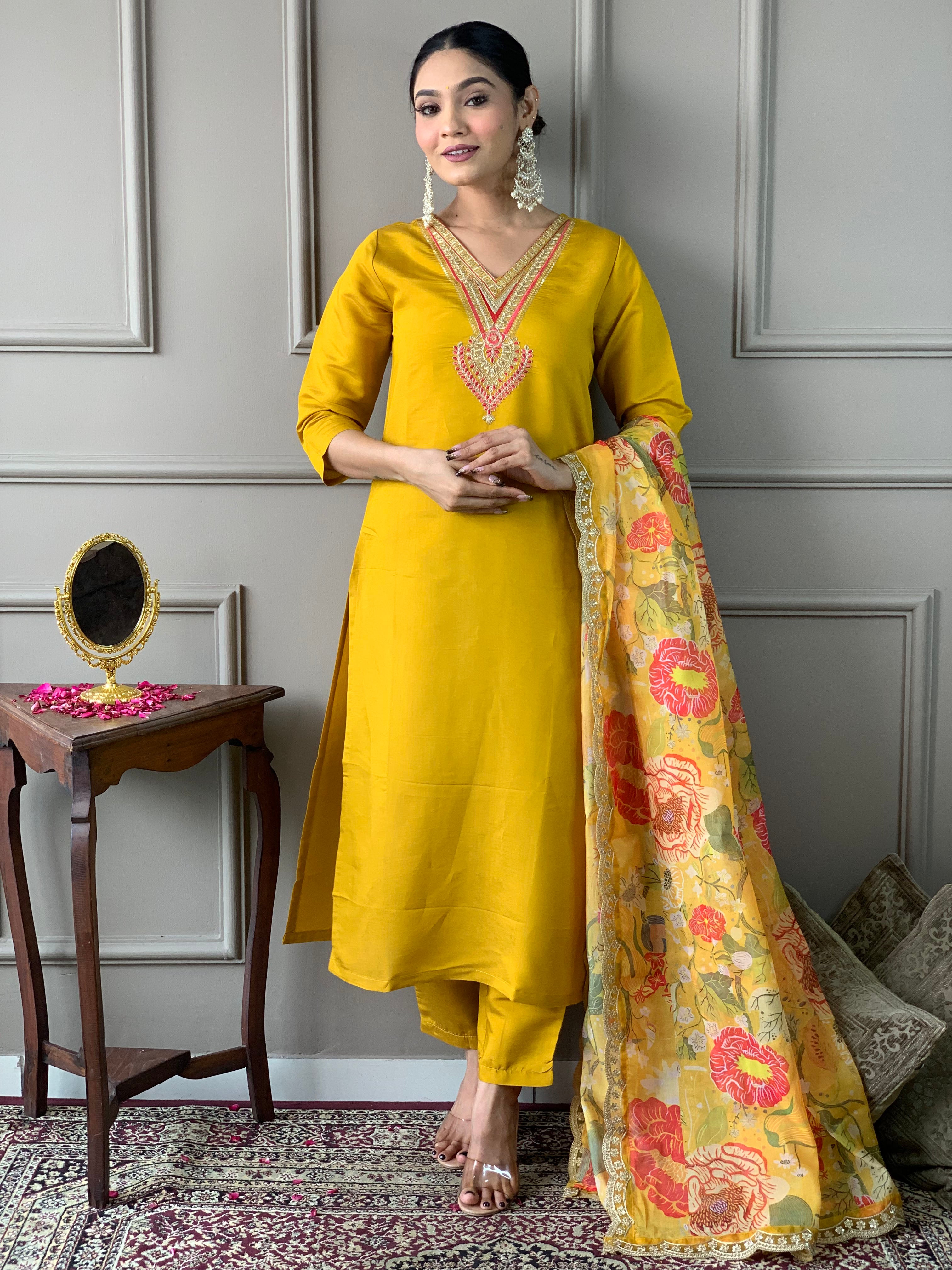 Women’s Chanderi Embroidered Suit Set with Organza Dupatta