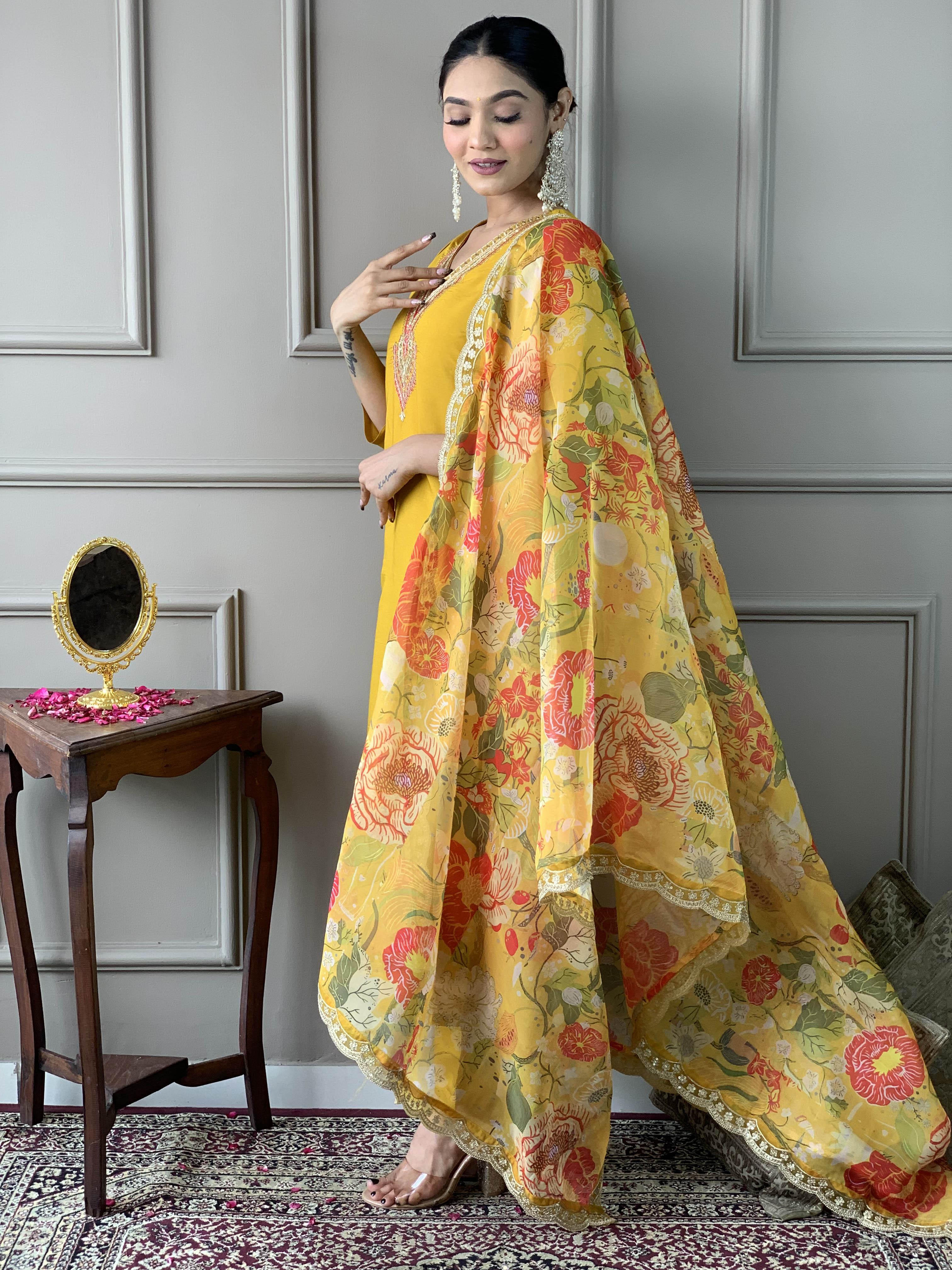 Women’s Chanderi Embroidered Suit Set with Organza Dupatta