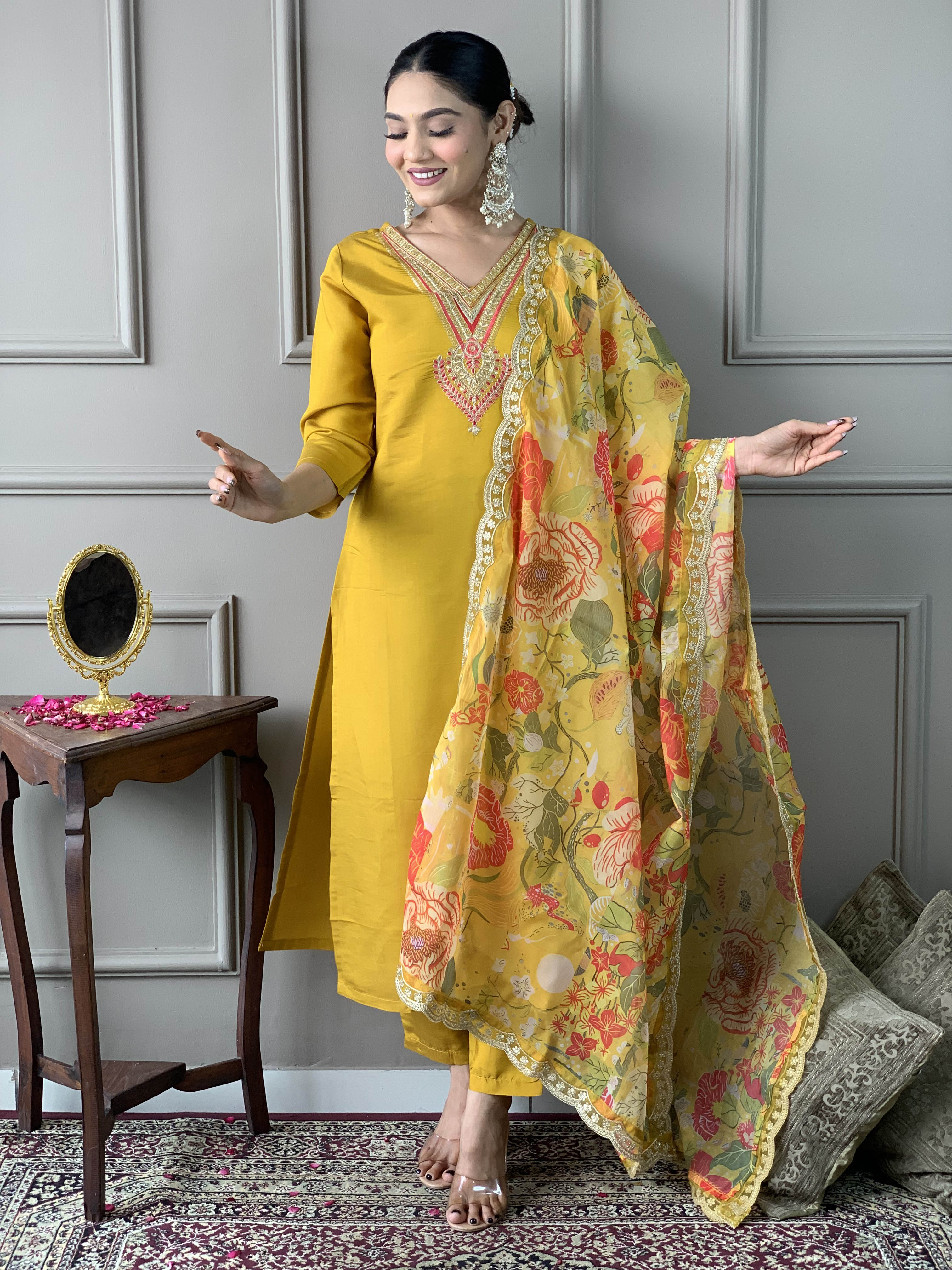 Women’s Chanderi Embroidered Suit Set with Organza Dupatta