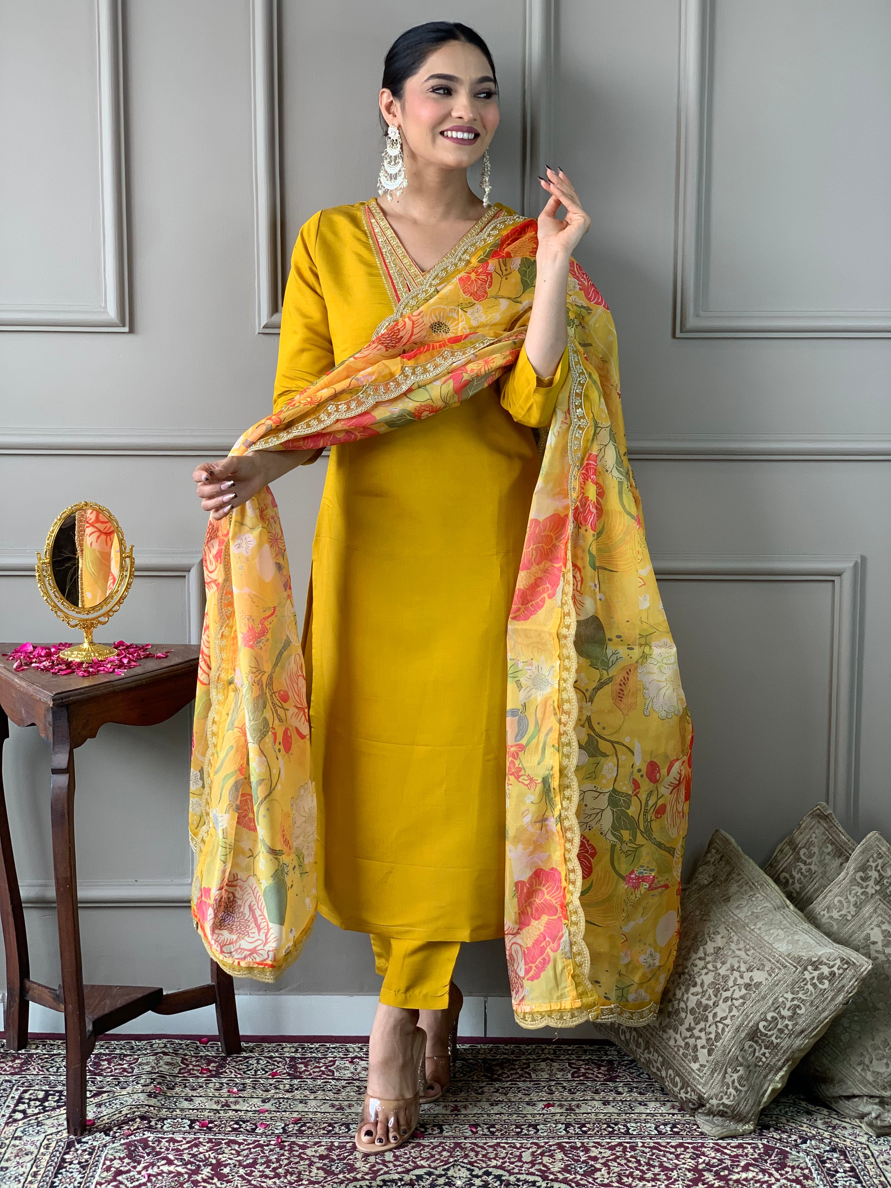Women’s Chanderi Embroidered Suit Set with Organza Dupatta